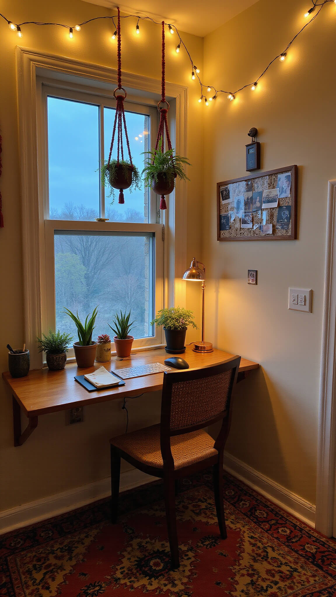 Cozy bohemian workspace with floating desk, string lights, spider plants in macrame hangers, vintage chair, layered rugs, and warm mood lighting.