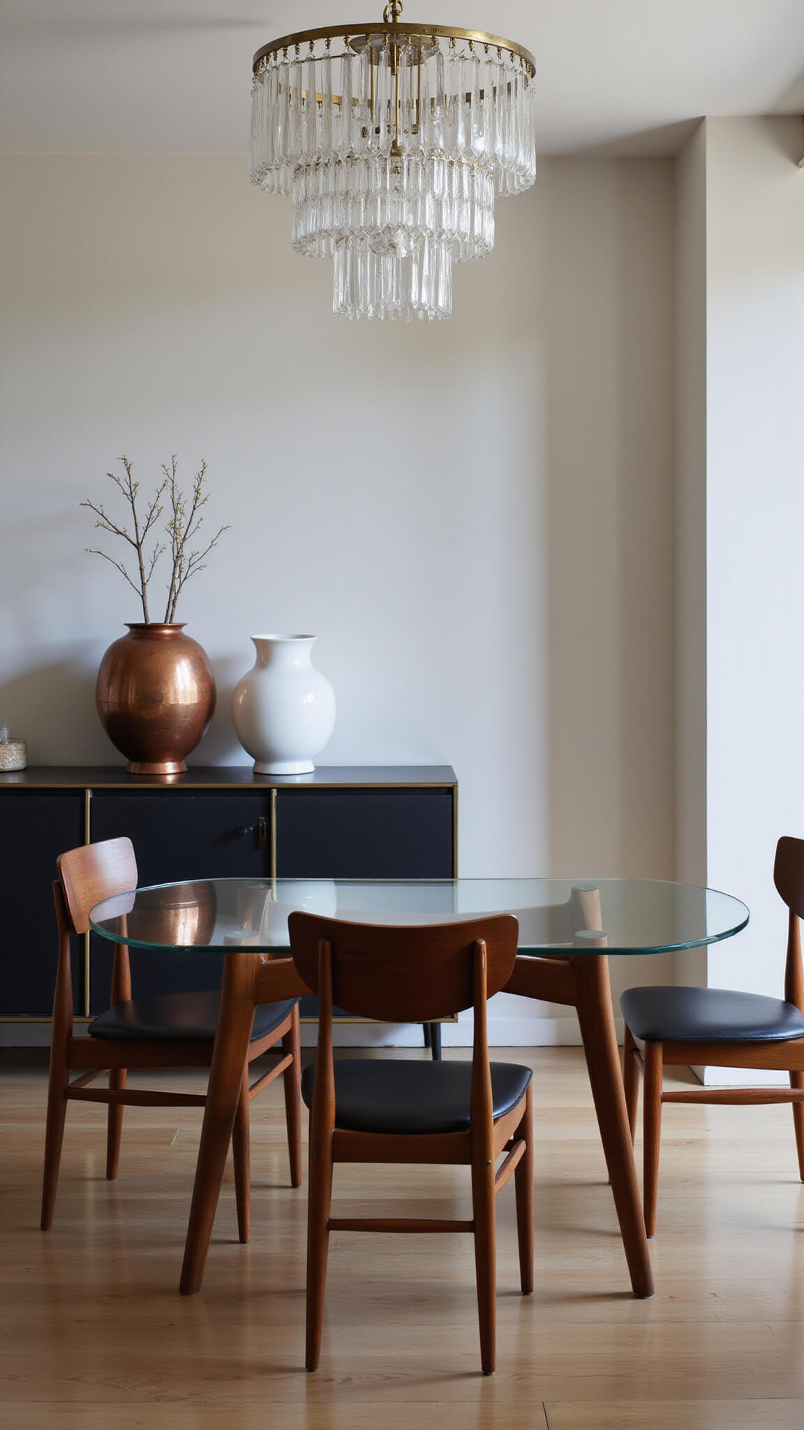 Dining room at dusk with glass-top table, 1960s teak chairs, vintage crystal chandelier, matte black sideboard, and mixed white ceramics and copper vessels.