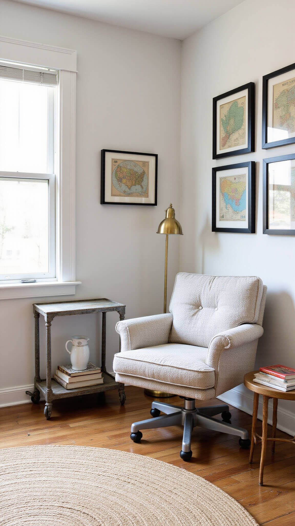 Cozy reading nook with bouclé swivel chair, vintage map wall, jute rug, and industrial side table in morning light.