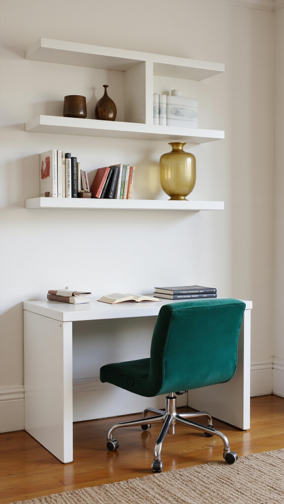 Home office corner with white desk, emerald velvet vintage chair, floating shelves with art books and brass decor, warm white plaster walls, and afternoon light.