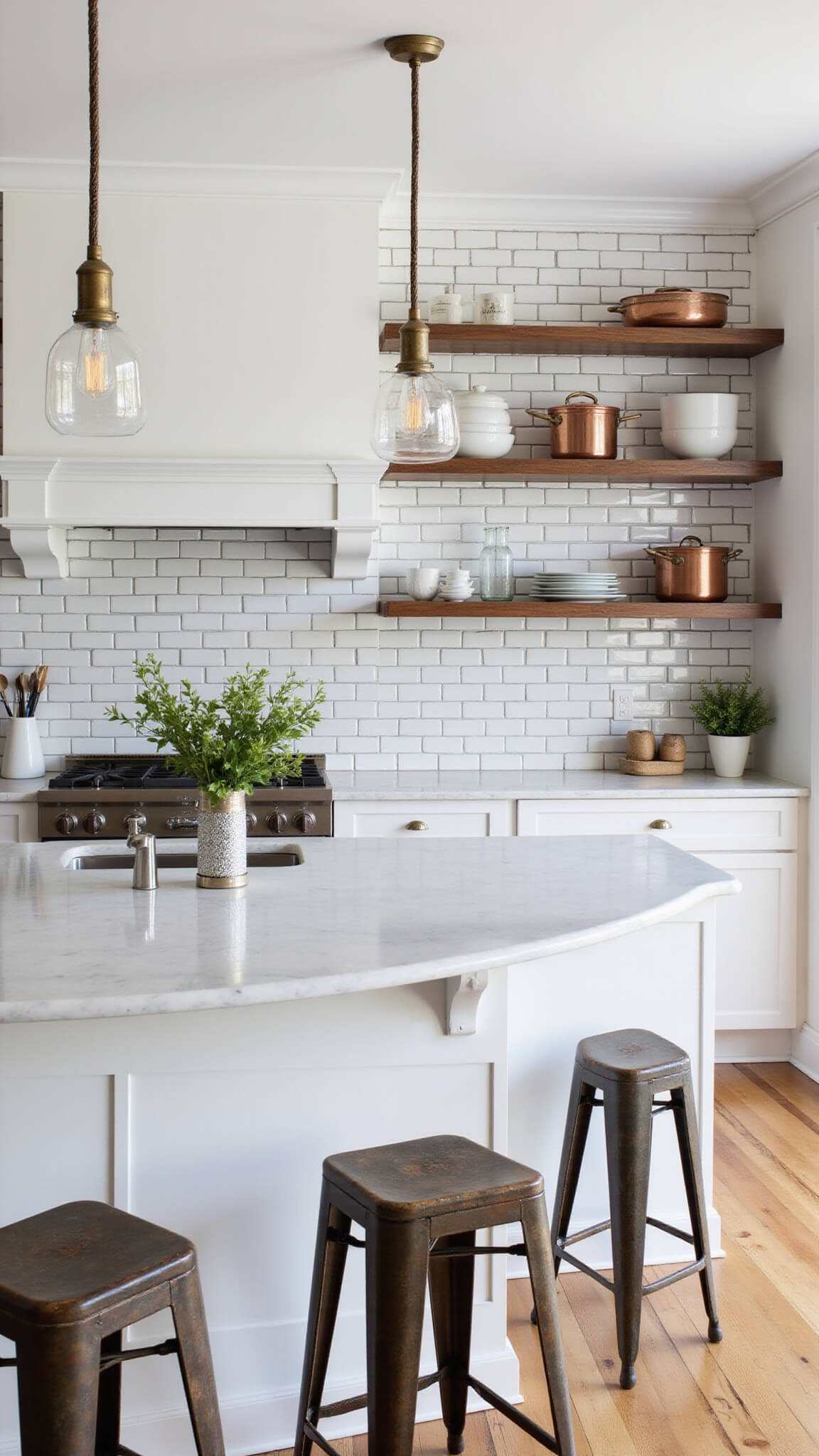 Modern kitchen with marble waterfall island, vintage industrial steel stools, pendant lights in glass and aged brass, open shelves with white ceramics and copper cookware, and subway tile backsplash with dark grout.