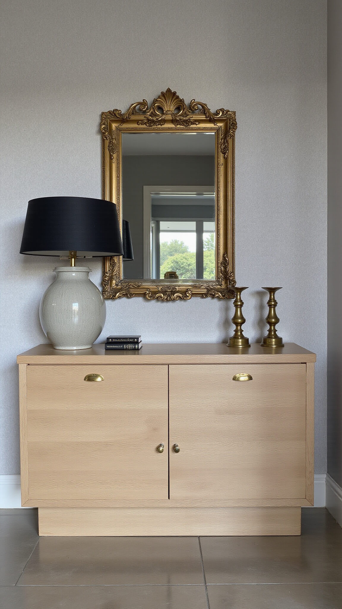 Twilight entryway with bleached oak console, vintage gilt mirror, ceramic lamp, brass candlesticks, and grey geometric wallpaper.