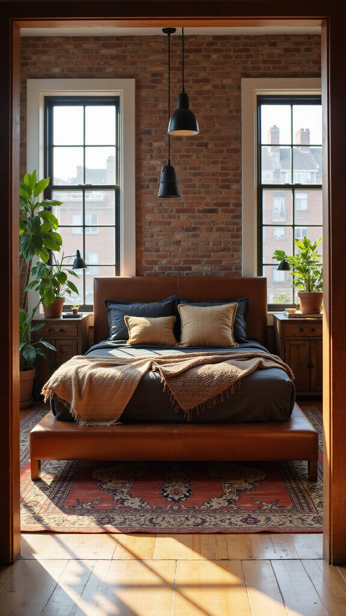 Rustic 15x18ft bedroom with exposed brick wall, king platform bed, vintage rugs, and golden hour sunlight through floor-to-ceiling windows.
