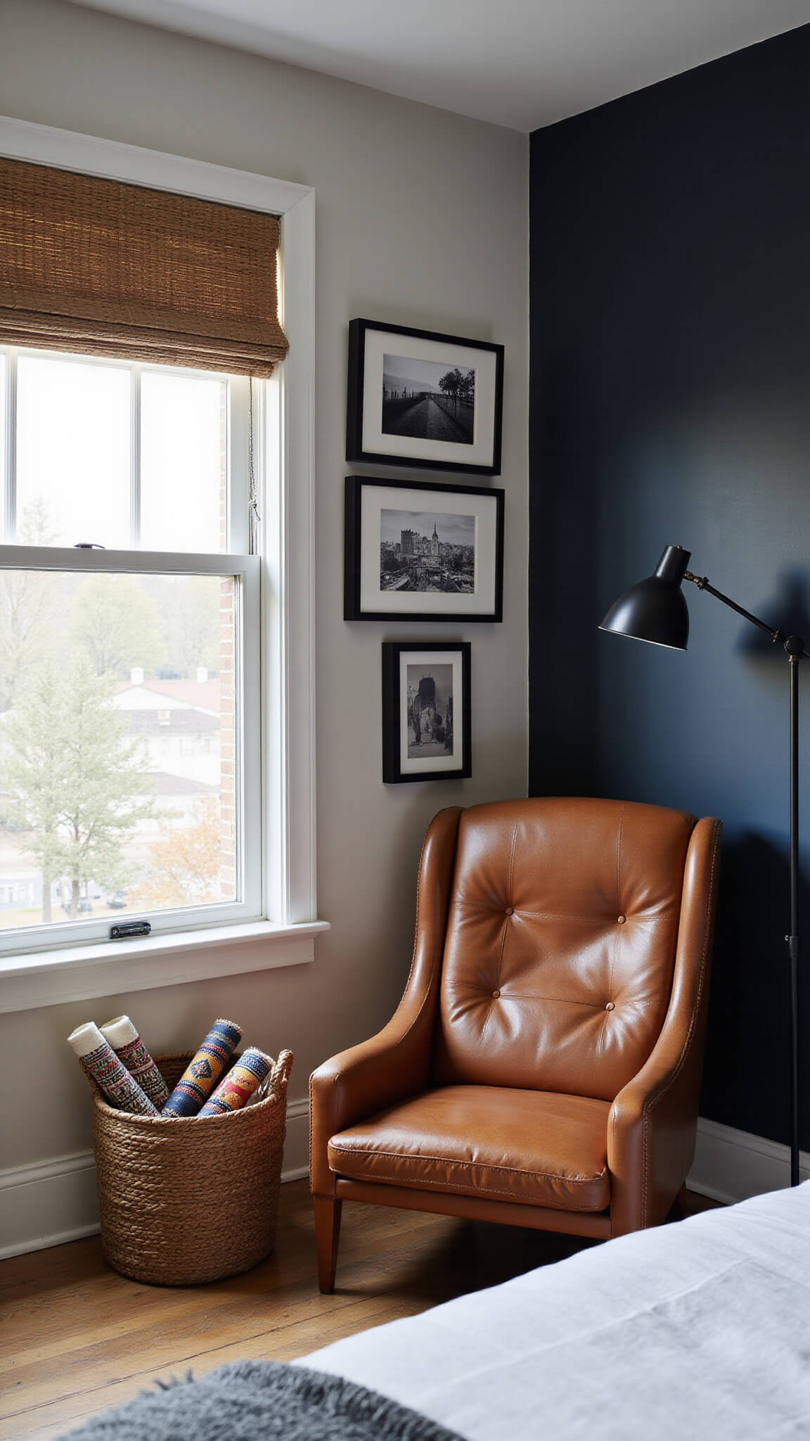 Low-angle view of a masculine boho bedroom corner with a cognac leather chair, black floor lamp, black-and-white photo gallery wall, tribal textiles in a basket, and soft dawn light filtering through a bamboo shade.