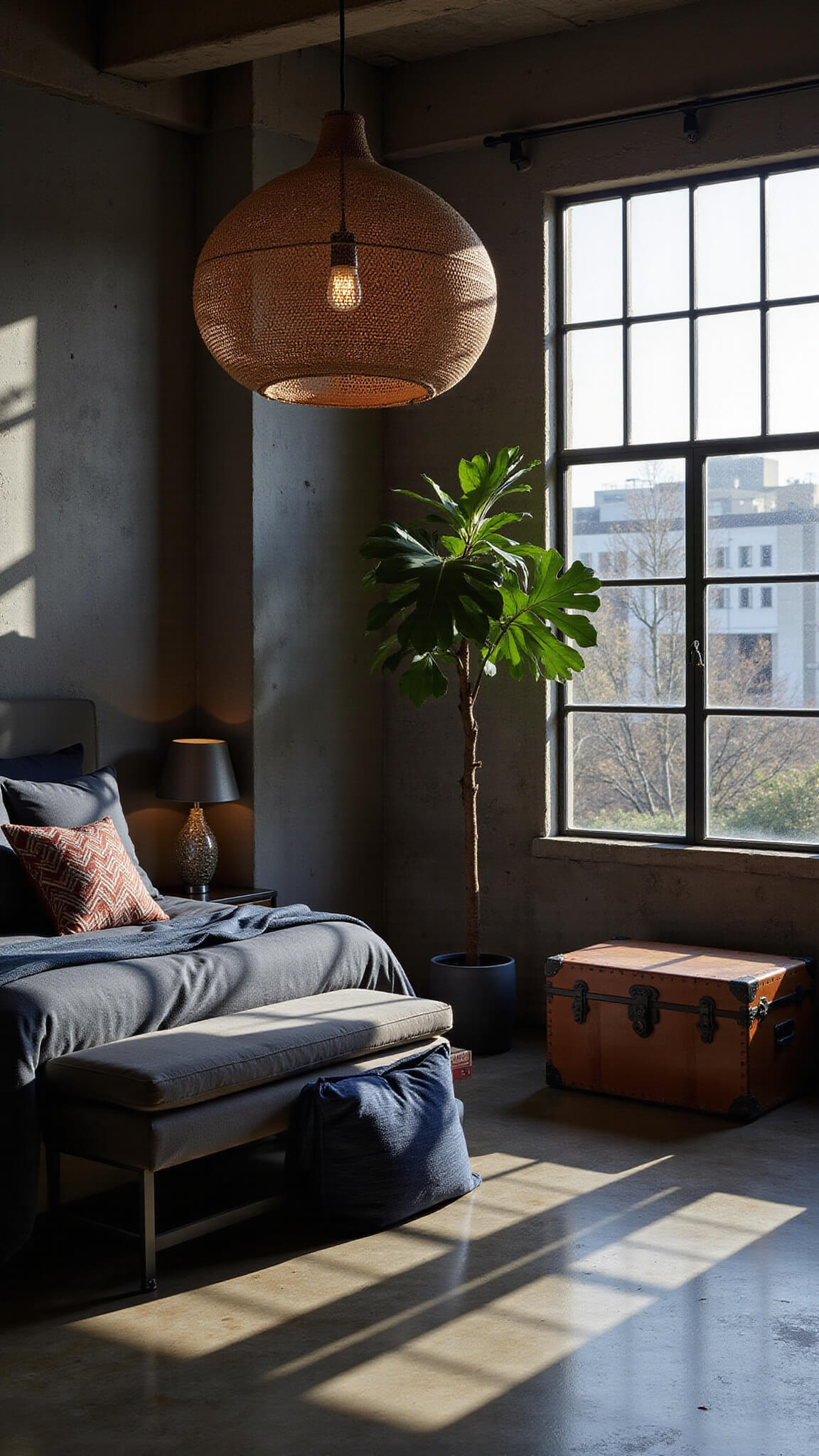 Loft-style bedroom at dusk with king bed in charcoal linen, geometric pillows, vintage trunk bench, rattan pendant lighting, fiddle leaf fig, and industrial windows over raw concrete floors.