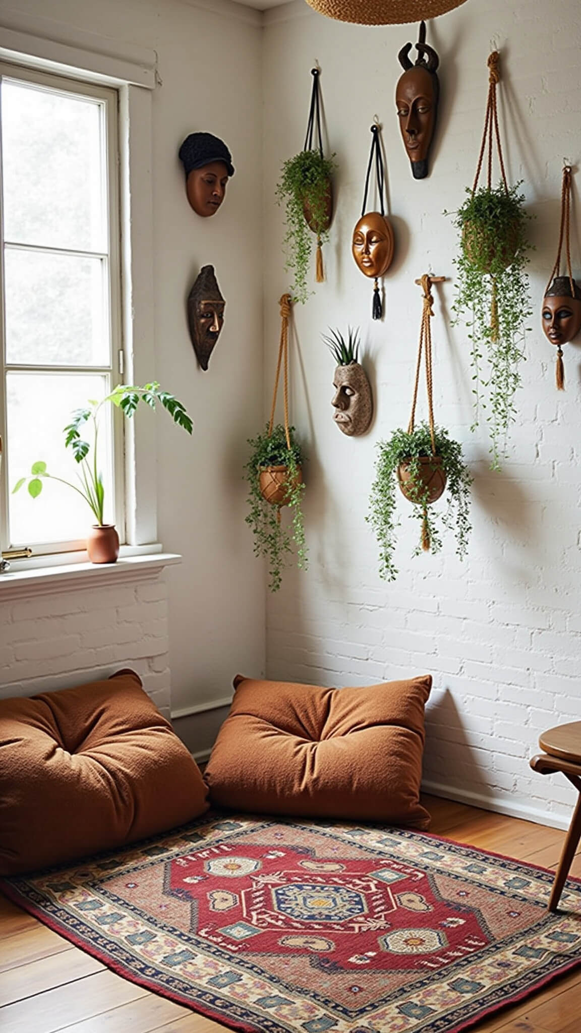 Meditation corner in sunlit bedroom with floor cushions on vintage Kilim rugs, hanging macramé planters, tribal masks on white brick wall, and earthy tones throughout.