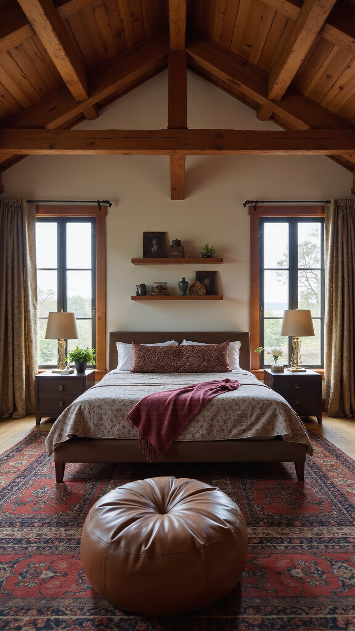 Twilight view of cozy bedroom with California king bed under wooden beams, Moroccan pouf, vintage trunk, global decor on shelves, and warm lighting highlighting rich textiles.