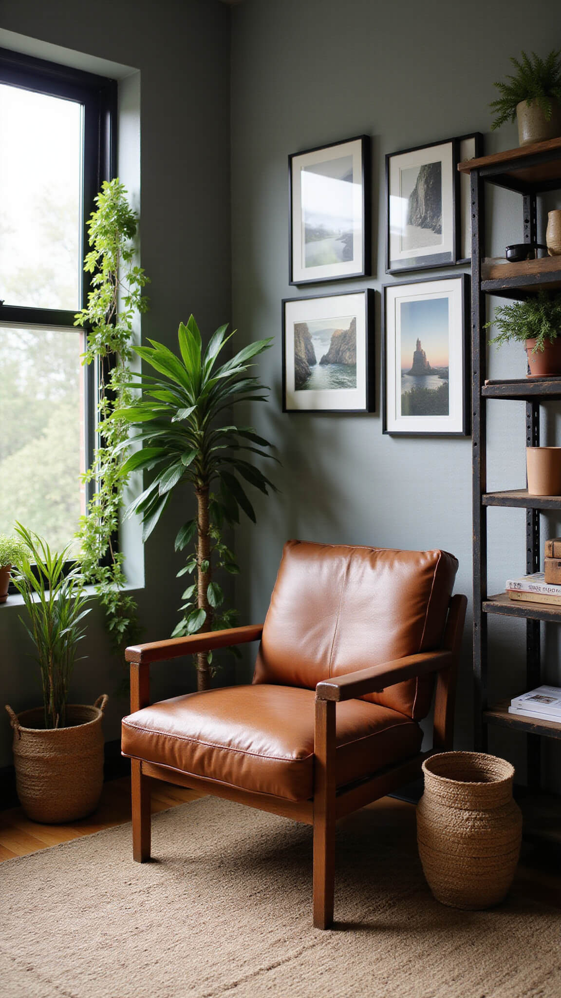 Boho bedroom reading nook with leather armchair, industrial bookshelf, trailing plants, and jute rug in natural morning light.