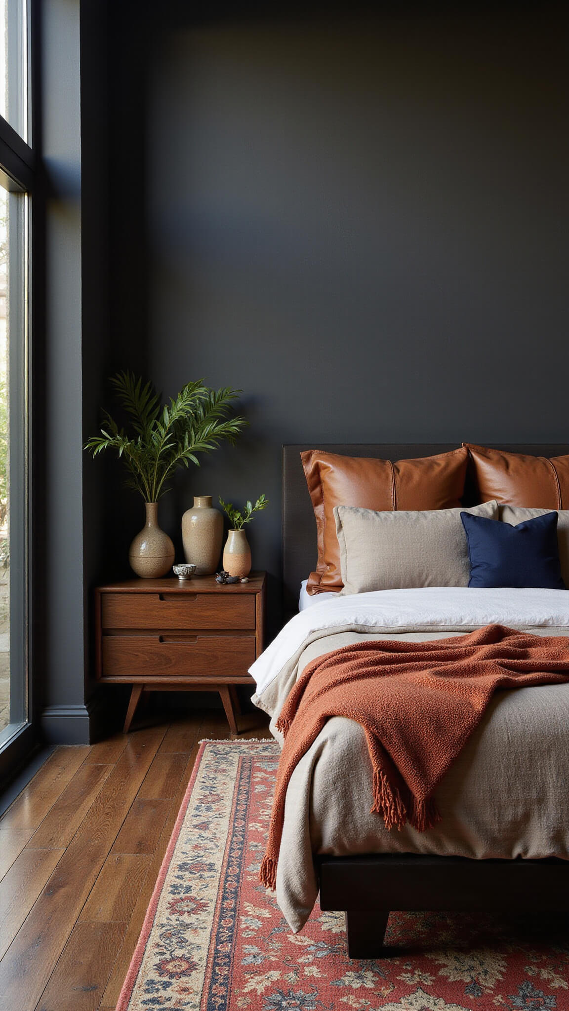 Moody dusk-lit master bedroom with layered textures, featuring a platform bed with wool throws, leather pillows, and linen duvet, overdyed rug, ceramic vessels on wood console, and leafy plants in terracotta, navy, and rich browns.
