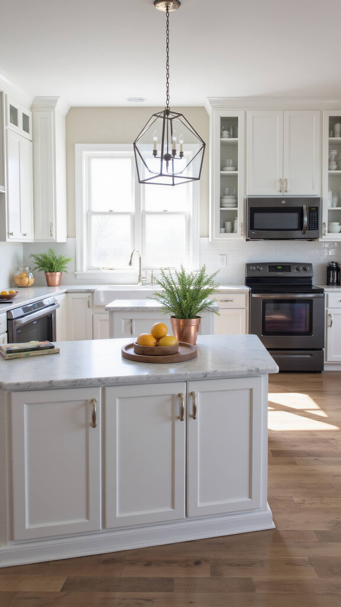 Contemporary 12x15ft kitchen with black stainless steel appliances, white shaker cabinets, marble waterfall island, and morning sunlight through large windows.