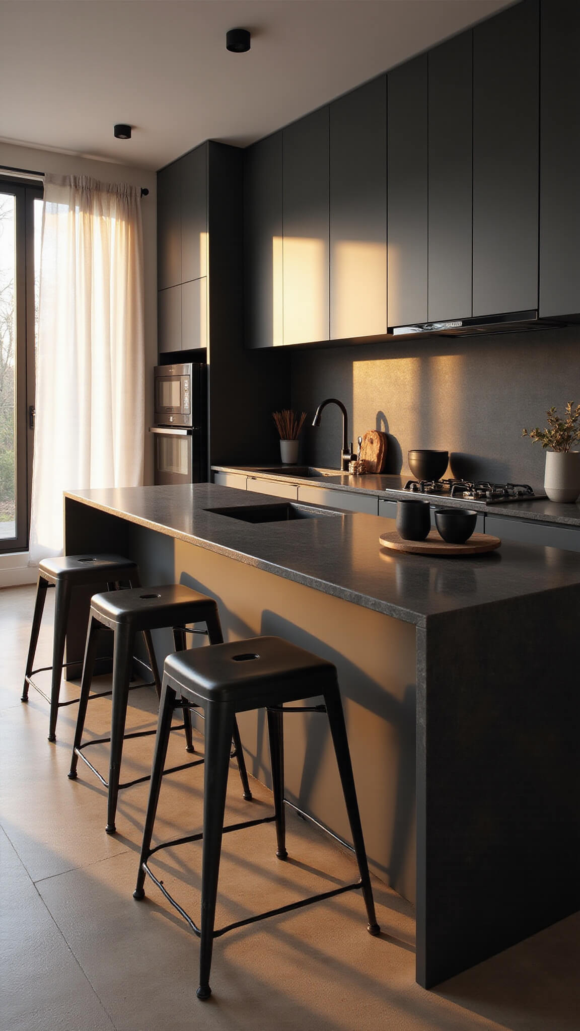 Moody 10x14ft kitchen with charcoal gray cabinets, black stainless appliances, smoky quartz countertops, and golden hour lighting casting dramatic shadows.