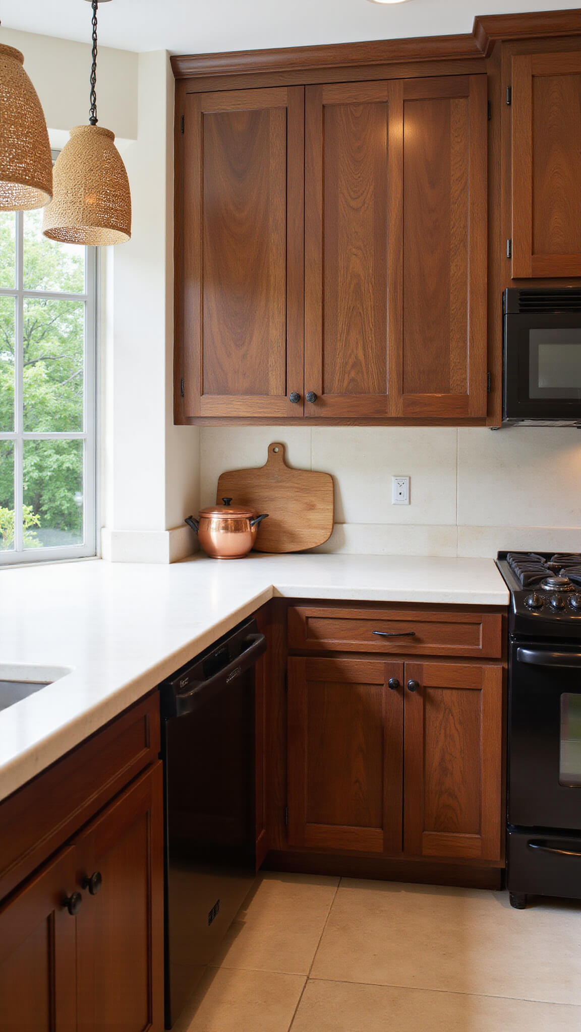 Transitional 14x16ft kitchen with walnut cabinets, black stainless appliances, cream limestone counters, bronze hardware, and woven pendant lights, lit by warm key and cool fill lights.
