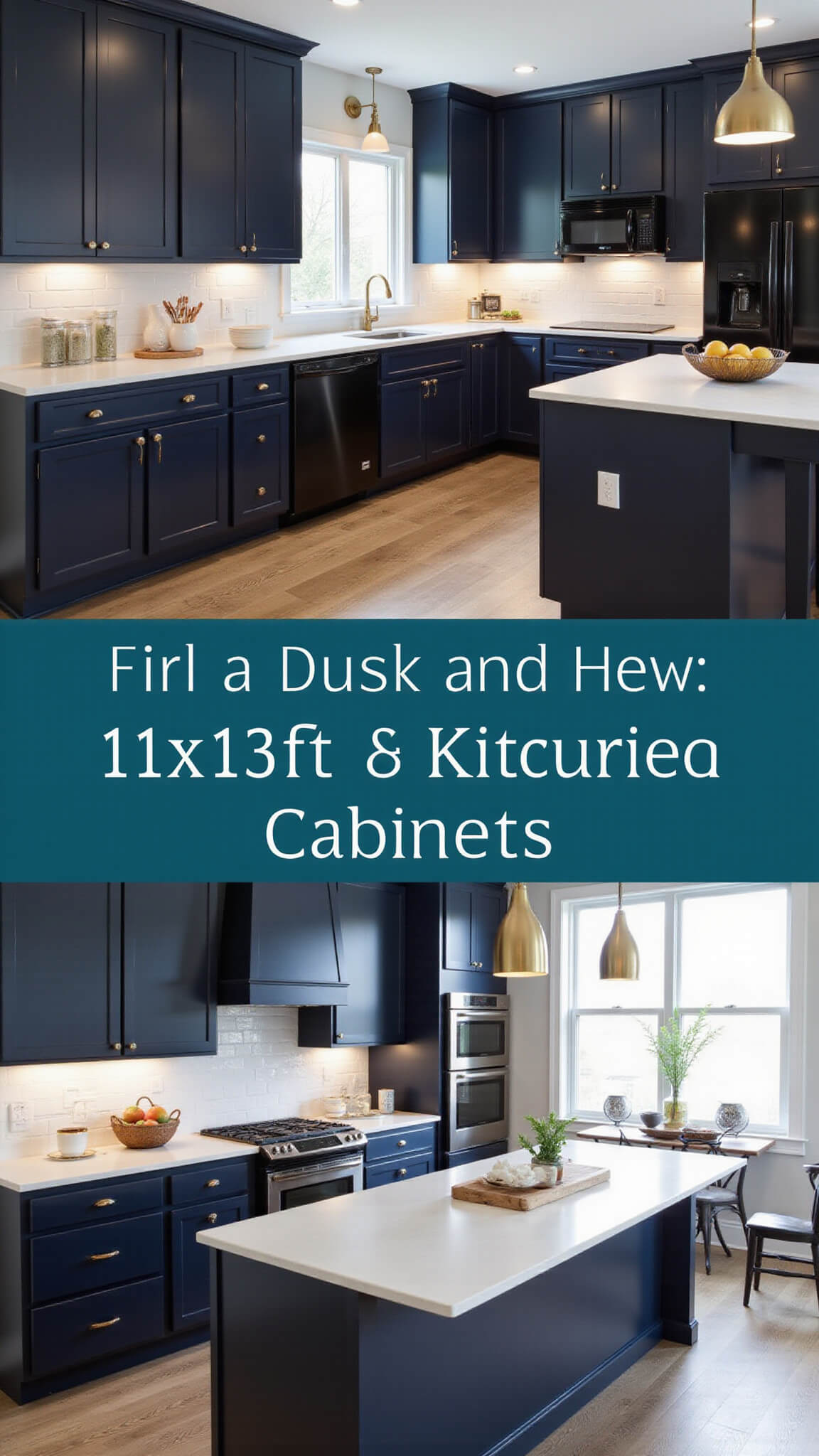 Modern navy blue 11x13ft kitchen with black stainless steel appliances, white quartz countertops, brass hardware, and elegant dusk lighting.