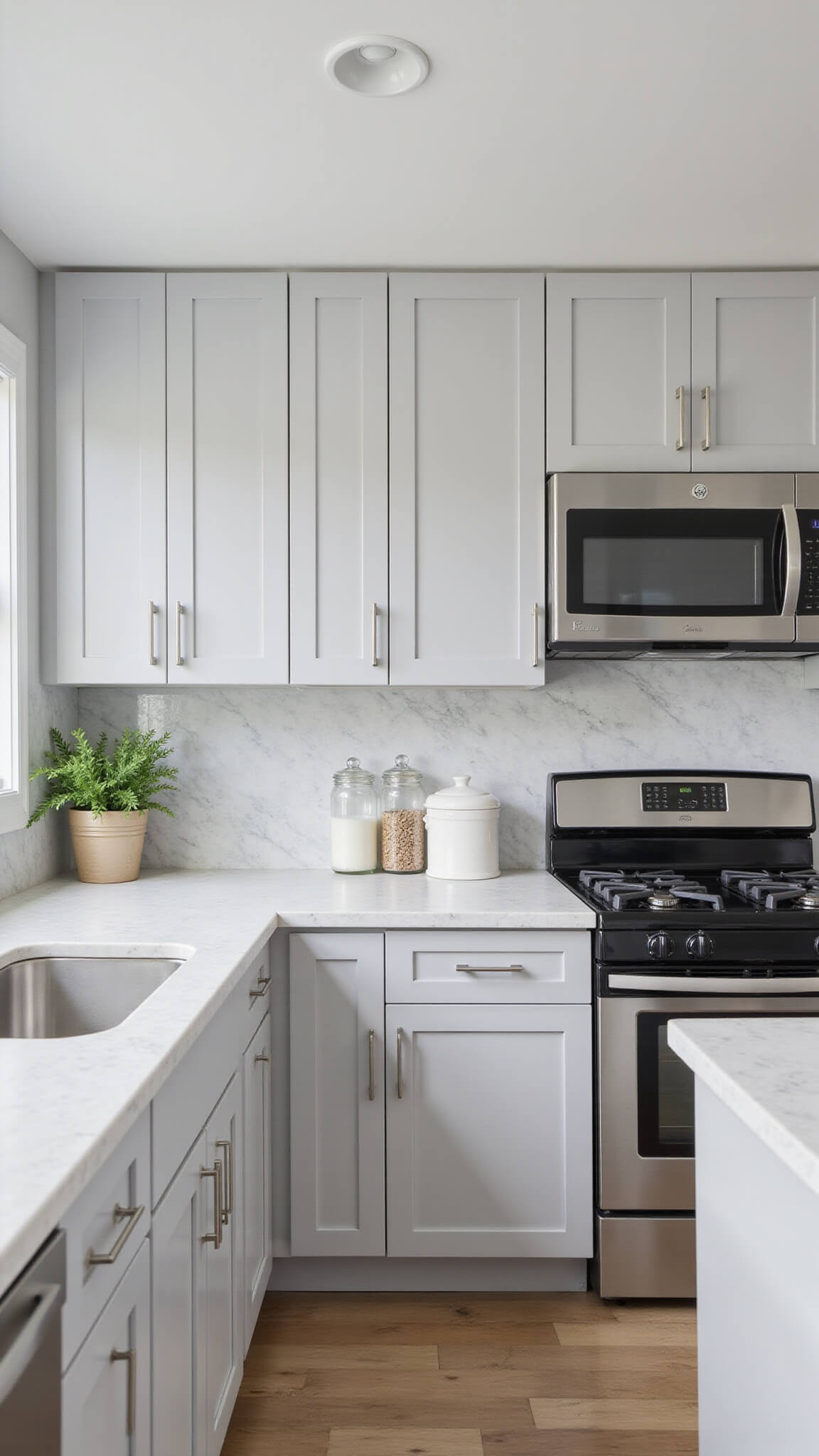 Modern 13x15ft kitchen with light gray cabinets, black stainless appliances, marble backsplash, and mid-morning natural light.