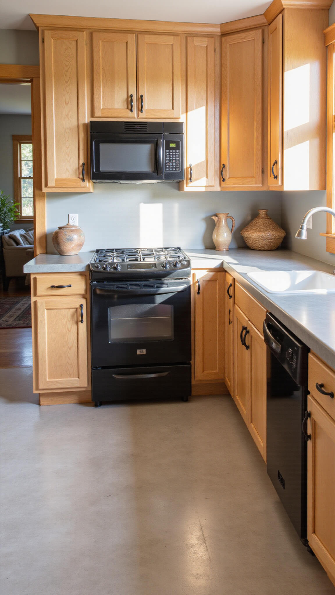 Organic 12x14ft kitchen with light oak cabinets, black stainless steel appliances, concrete countertops, and black iron hardware, bathed in warm late afternoon sunlight.