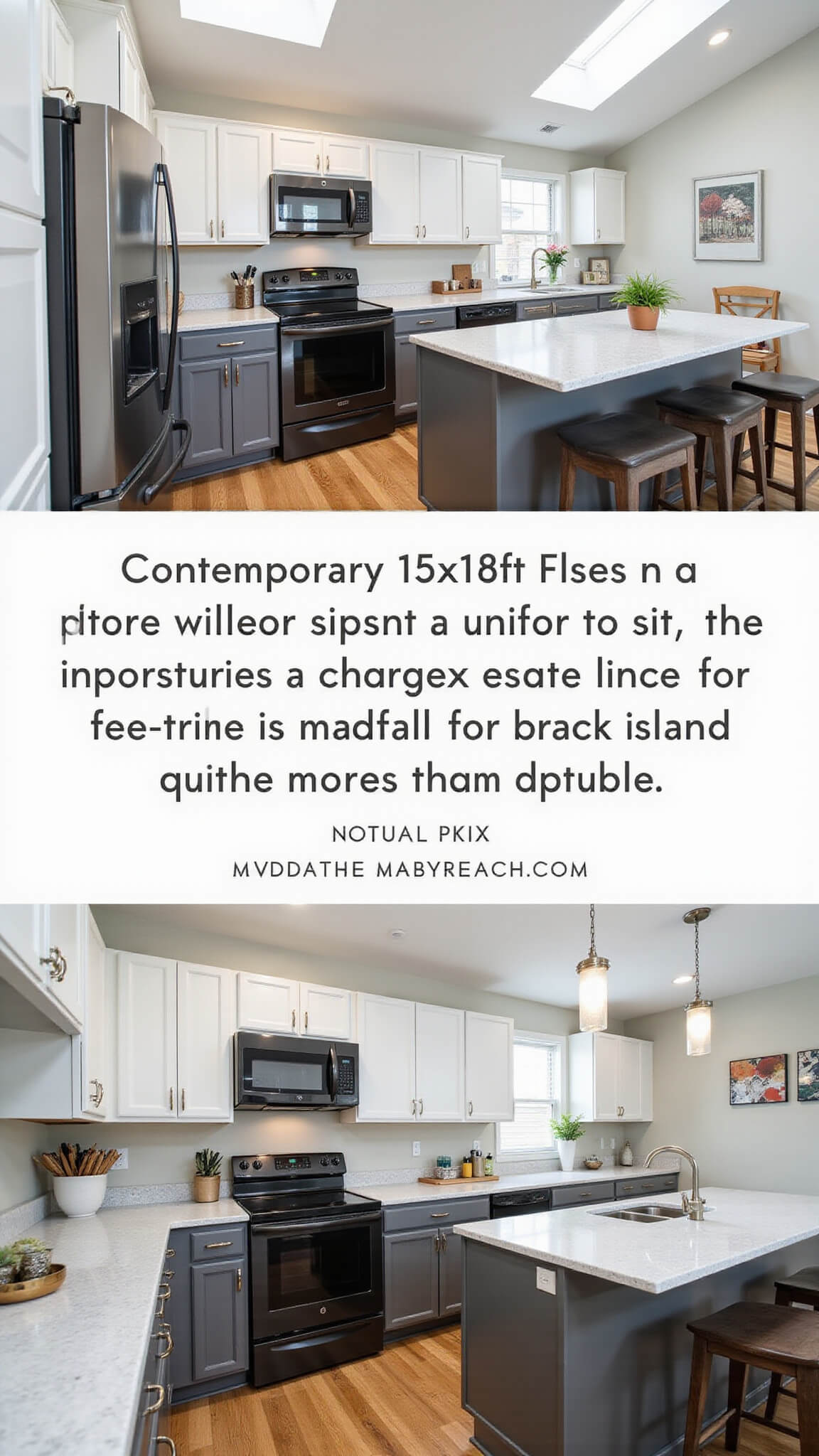 Modern open-concept kitchen with white and charcoal two-tone cabinets, black stainless appliances, quartz waterfall island, and skylights.