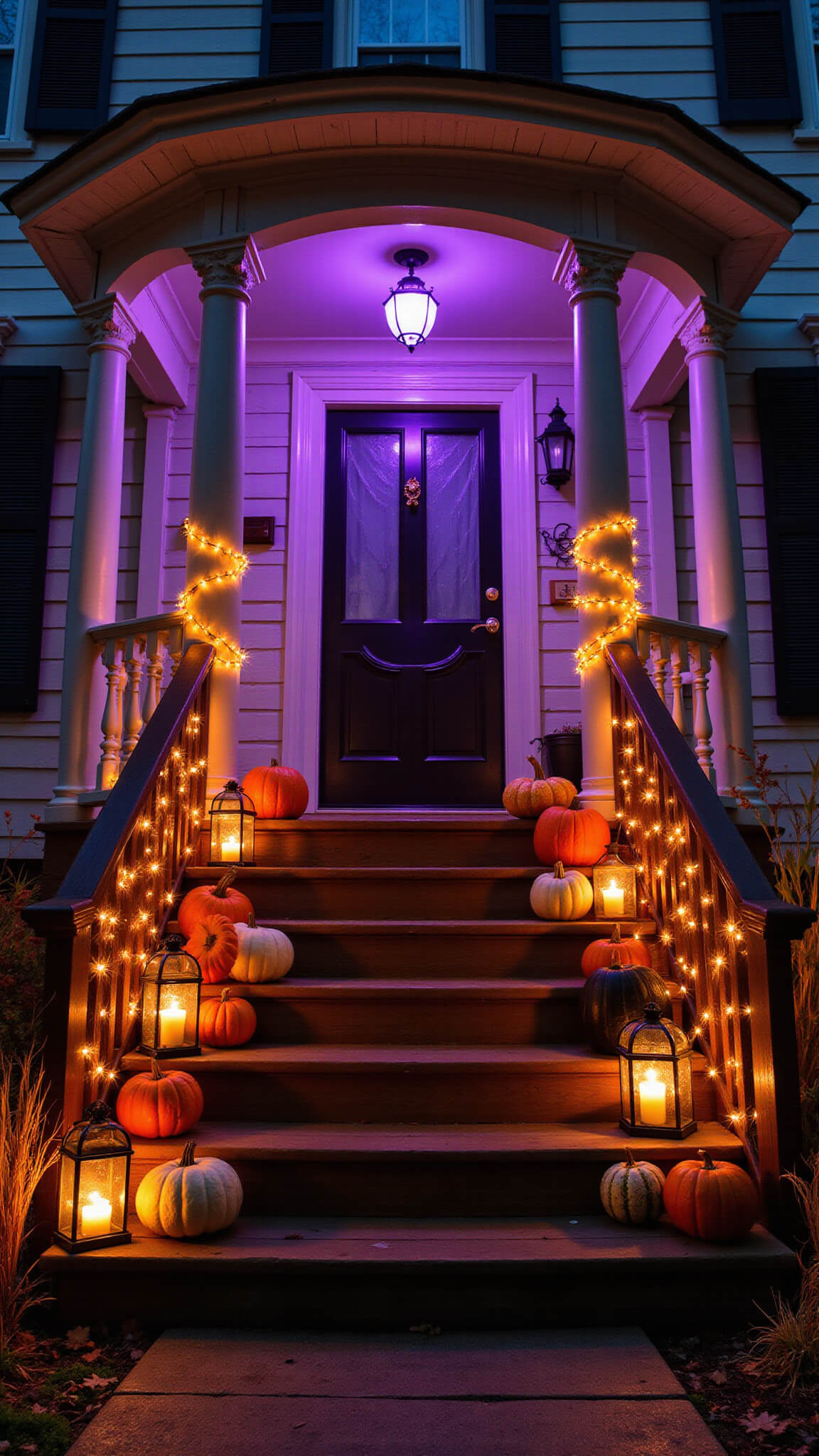 Twilight view of a Victorian front porch with pumpkins on wooden steps, glowing orange string lights on ornate railings, purple-lit white columns, vintage lanterns by the door, and corn stalks framing the entrance.