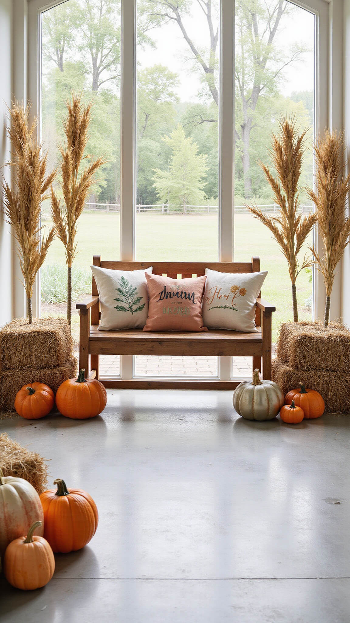 Modern farmhouse porch decorated for fall with corn stalks, rustic bench with harvest pillows, symmetrical hay bales, mixed pumpkins, and subtle cobwebs, captured in bright daylight.
