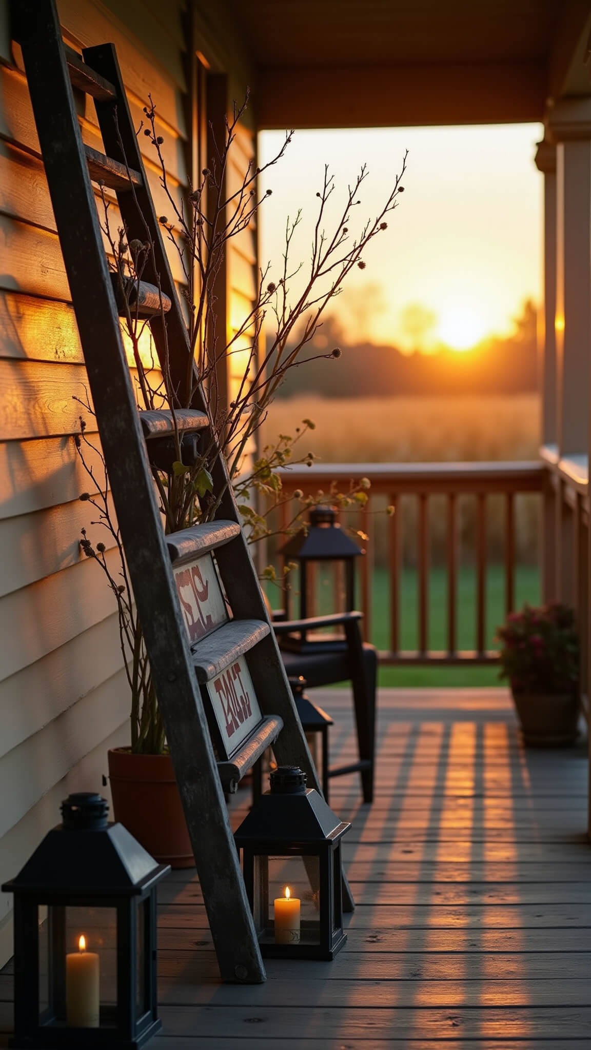 Weathered ladder with black-painted branches, vintage lanterns, and cobwebs on a cozy porch at golden hour, warm sunset casting long cornstalk shadows.