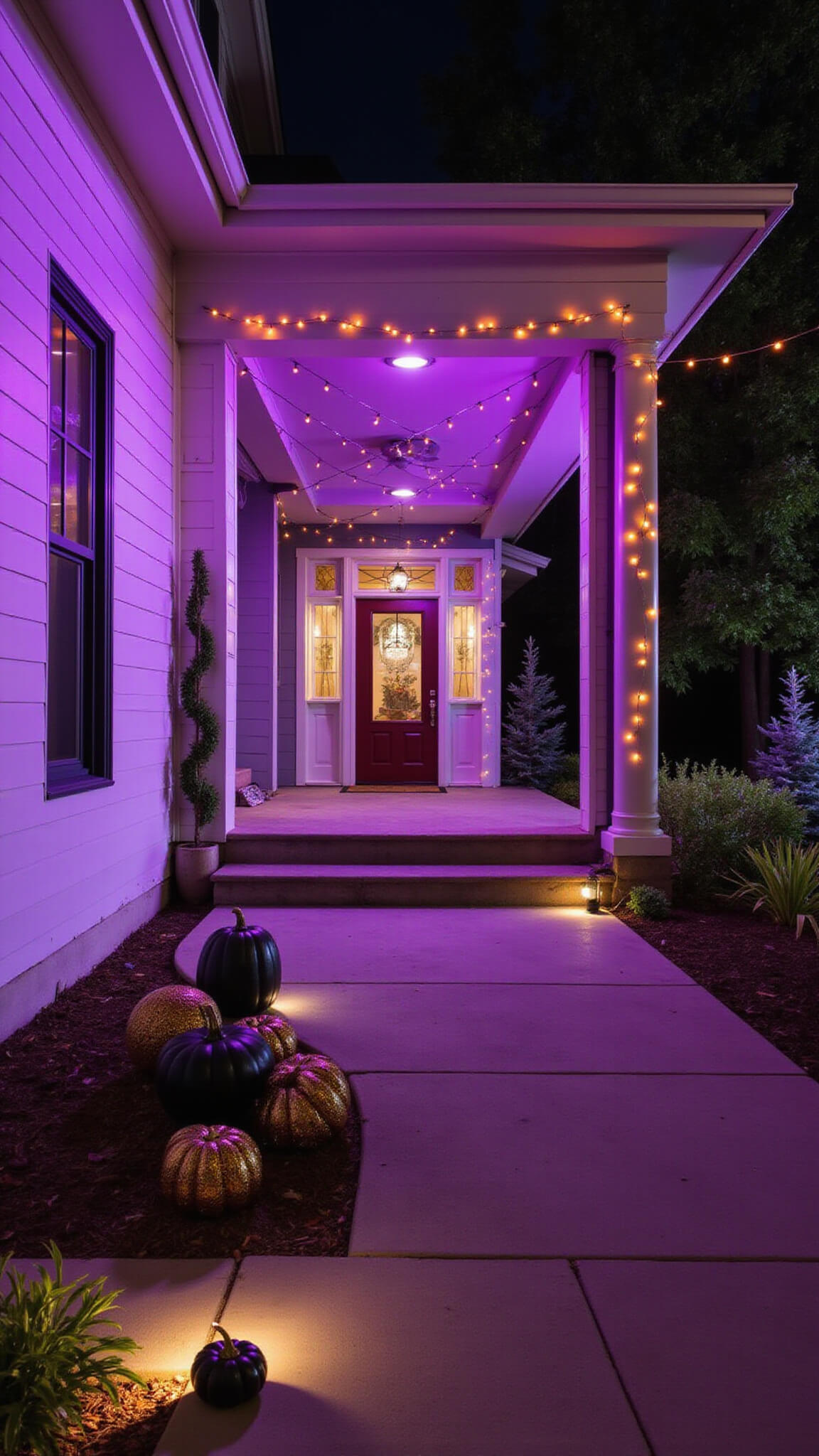 Contemporary porch at night with purple LED-lit walls, orange string light ceiling patterns, dramatic shadows from spotlights, and black metallic-accented pumpkins as focal point.