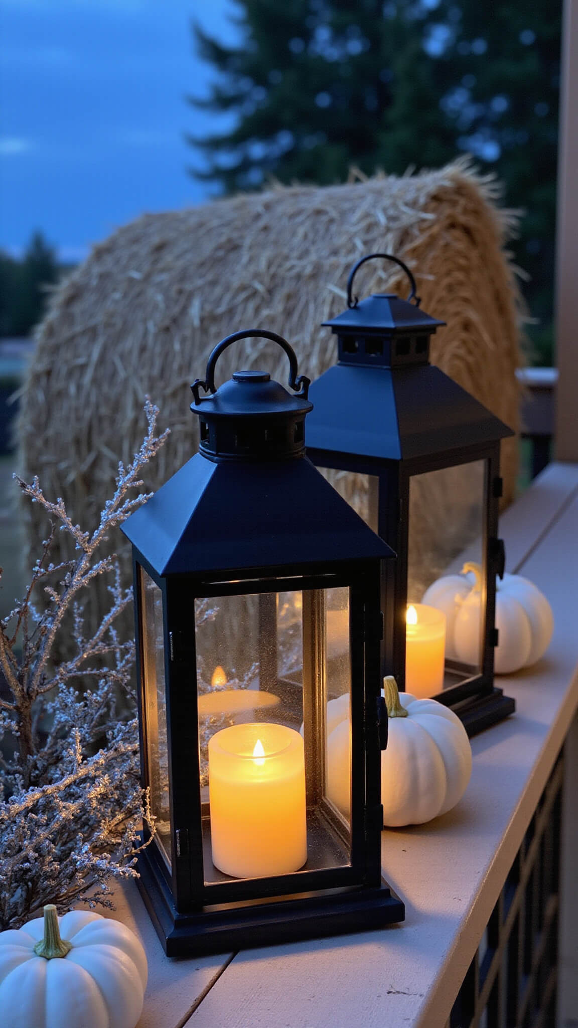 Close-up of porch railing with vintage black lanterns, white pumpkins, silver branches, and cobwebs at blue hour, with hay bale softly blurred in background.