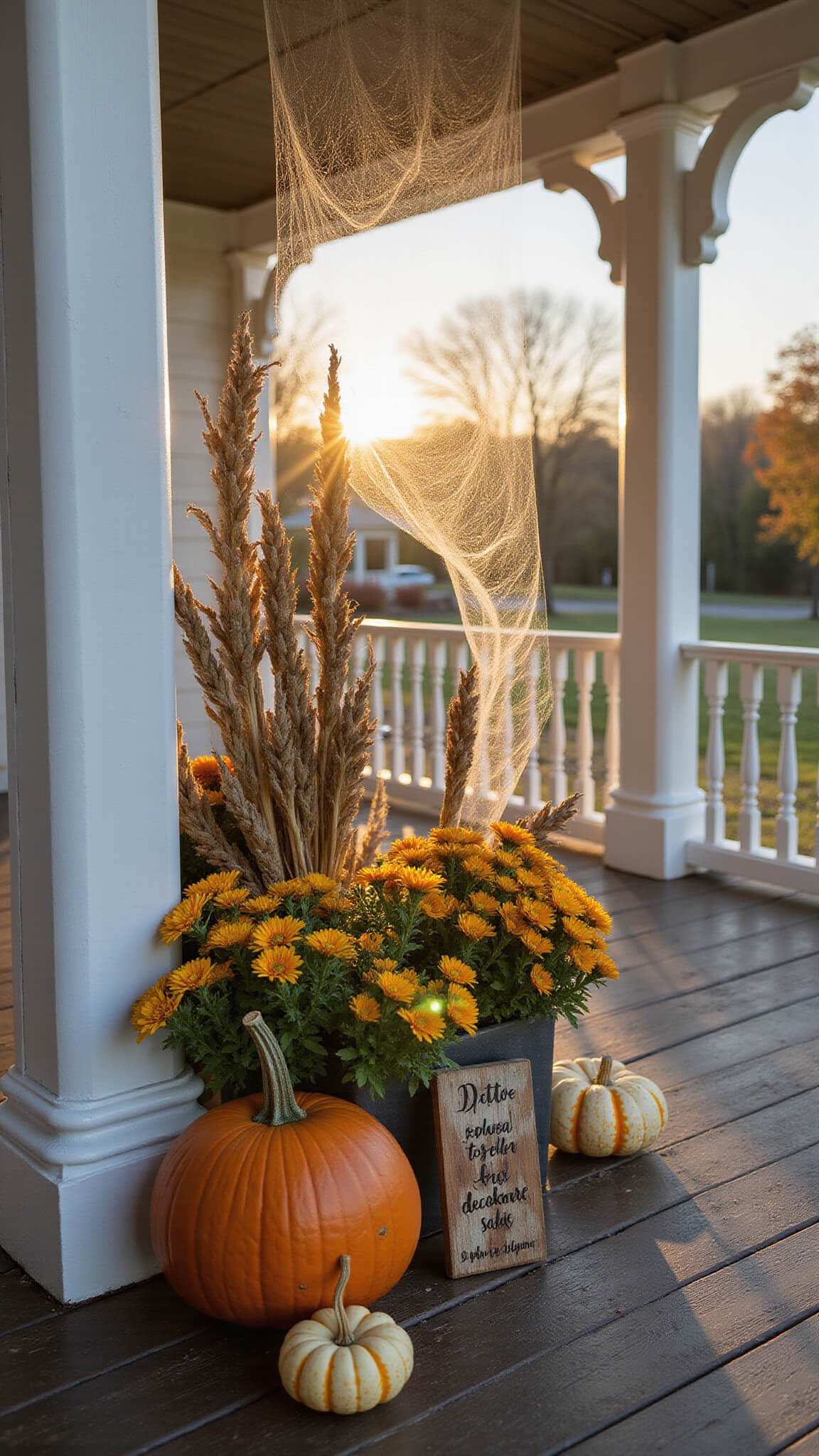 Craftsman-style porch in morning light with heirloom pumpkins, mums, and corn stalks; dew-covered spider webs glisten between posts; rustic handmade signs add charm.