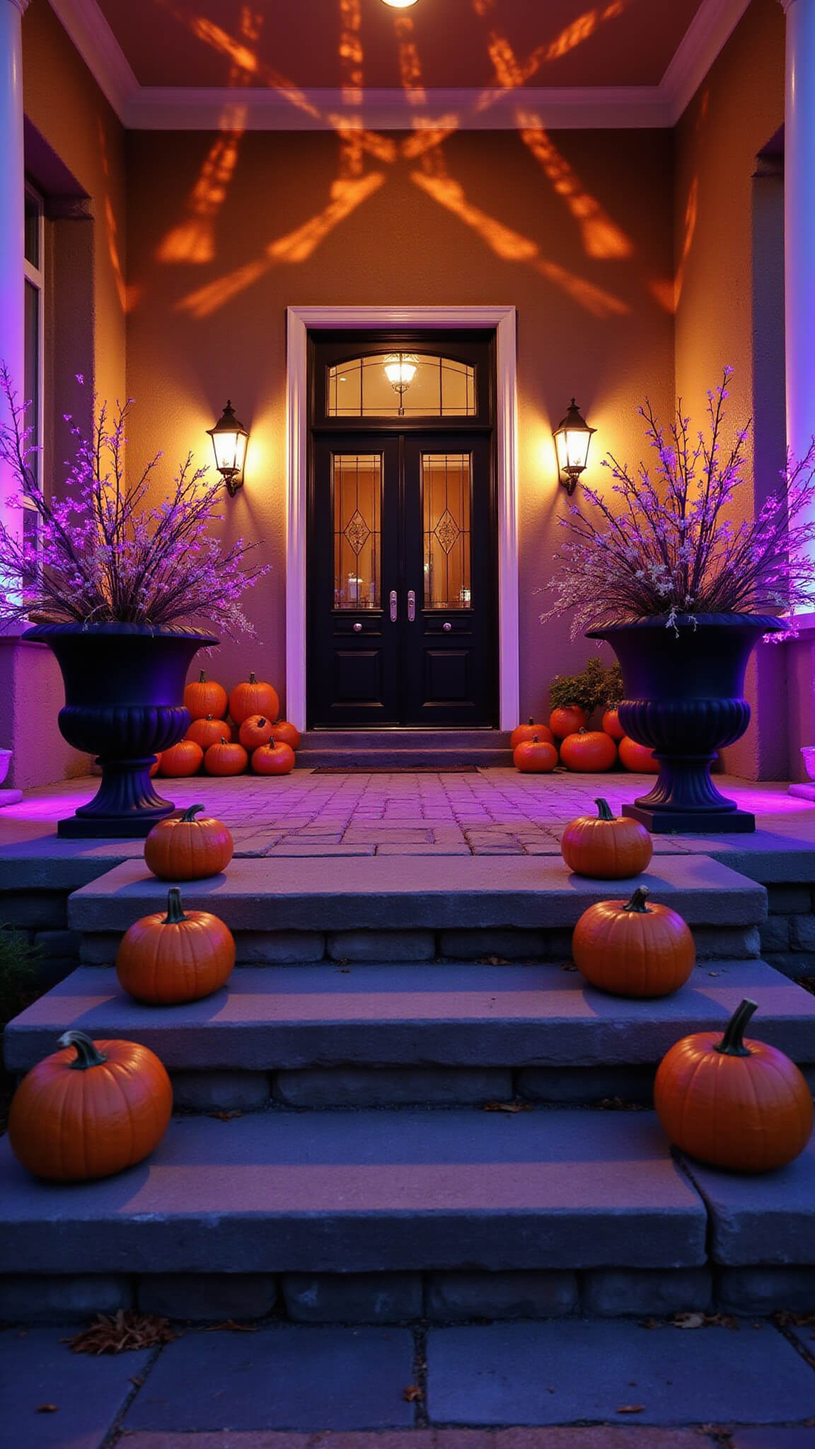 Low-angle dusk shot of grand entrance with tall stone steps, glowing urns with branch lights, layered pumpkins, purple and orange ceiling lighting, and cobwebs catching the light.