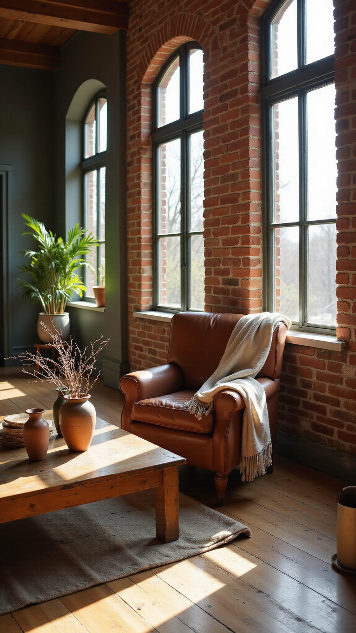 Sunlit living room with exposed brick walls, worn wooden floors, vintage furniture, and earthy decor bathed in golden hour light.