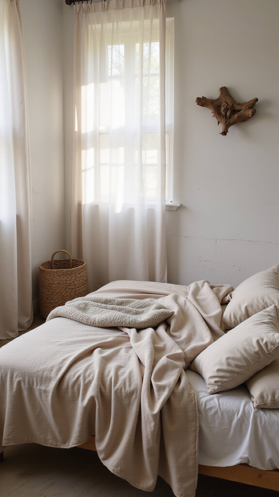 Unmade bed with layered neutral bedding in sunlit bedroom with sheer curtains, driftwood wall art, and handwoven basket casting shadows.