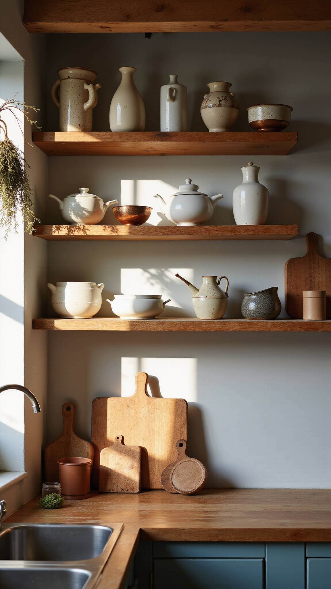 Warm, rustic 8x10ft kitchen with open wooden shelves displaying handmade ceramics, aged copper cookware, and dried herbs; dramatic afternoon light highlights textures and patina.