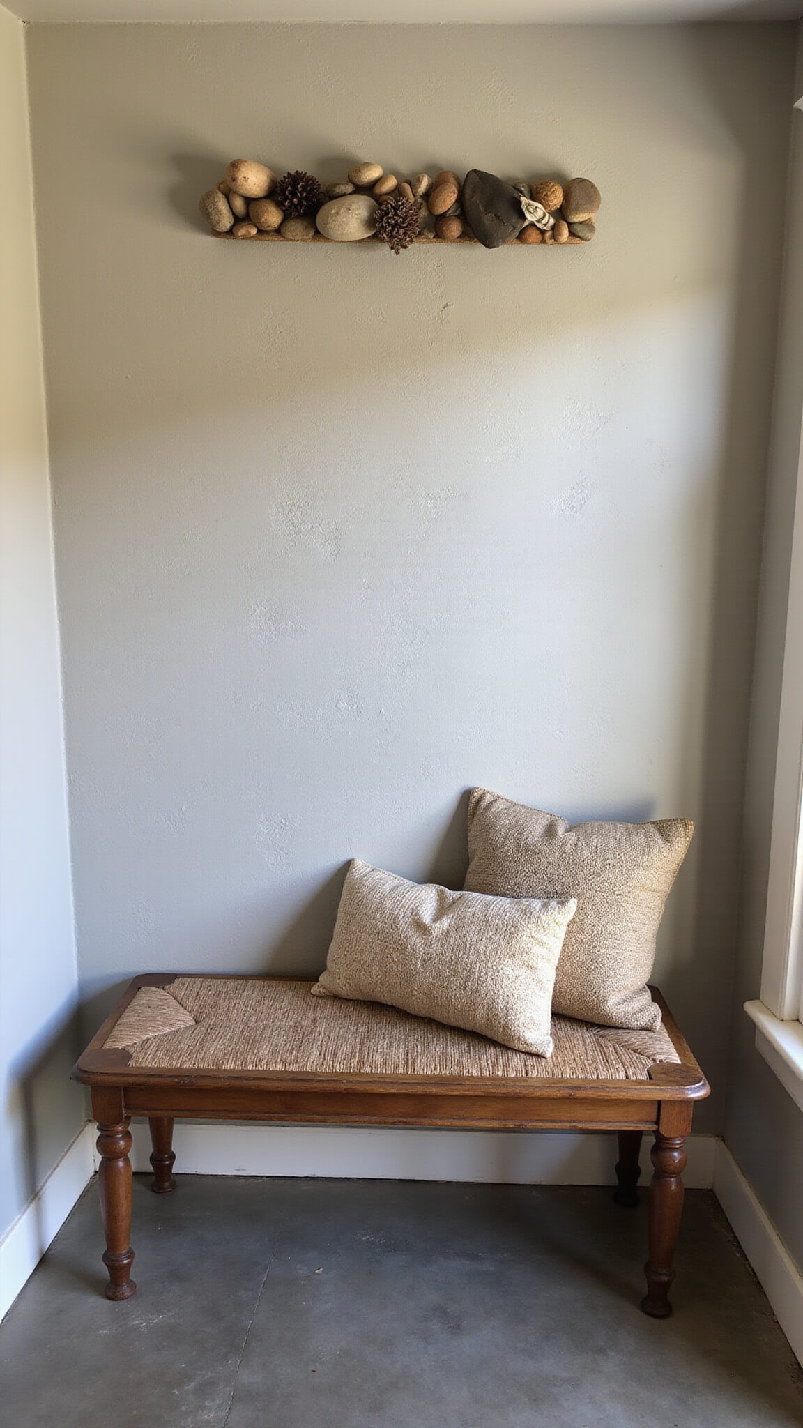 Hand-plastered entryway wall with organic textures, vintage wooden bench with natural fiber cushions, and found objects arranged above in morning light.