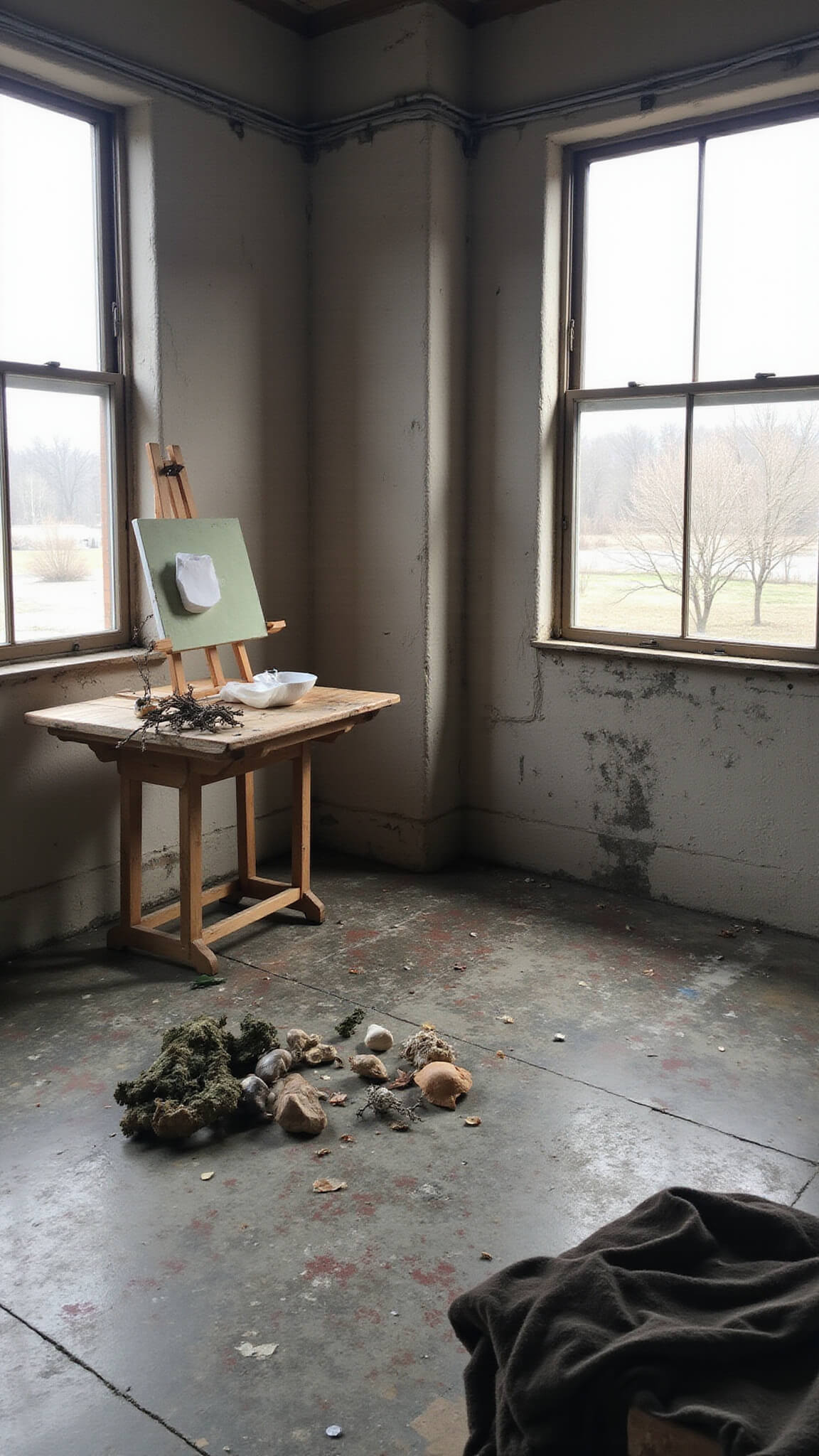 Artist's studio corner with paint-splattered concrete floors, northern light from industrial windows, an old easel with unfinished canvas, and natural materials on a weathered work table.