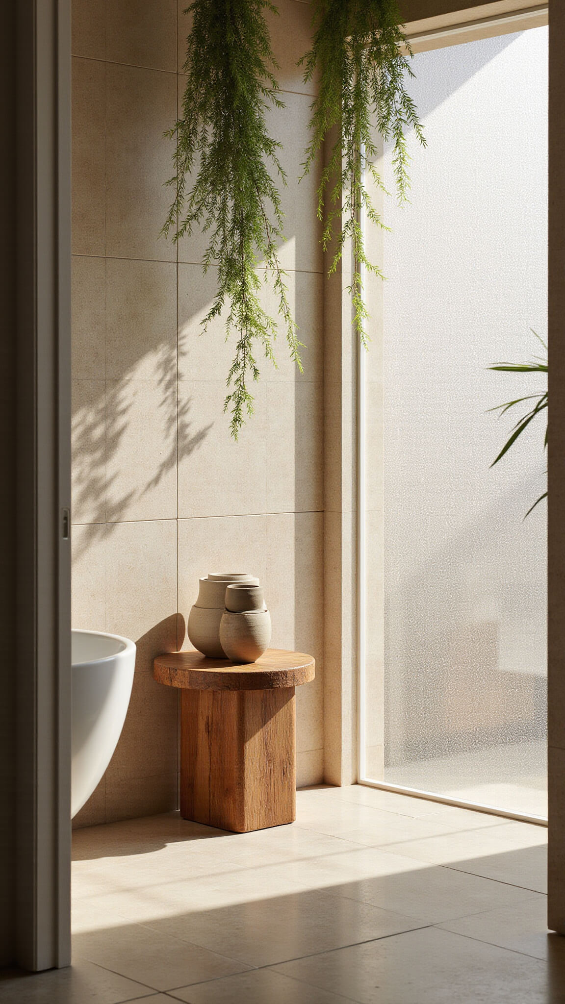 Small spa-like bathroom with handmade tiled walls, wooden stool with ceramic vessels, hanging plants casting shadows, and soft afternoon light through frosted glass.