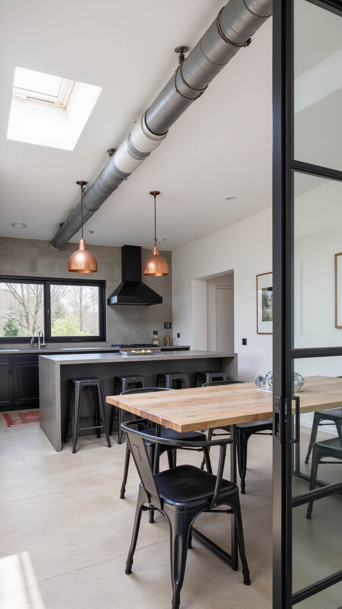 Open-concept kitchen-dining space with concrete island, black bar stools, reclaimed wood table, glass partition, and skylight-lit industrial-modern design.