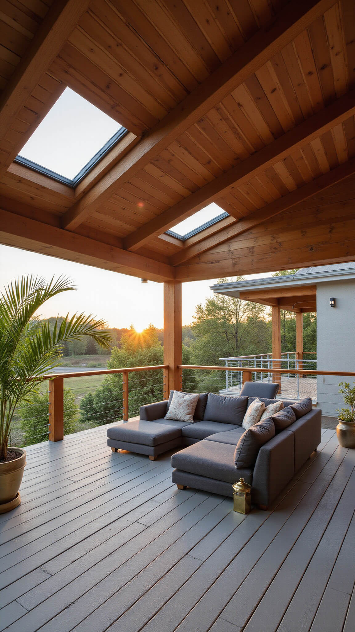 Modern deck at golden hour with cedar roof, skylights, grey composite decking, mid-century sectional, potted palms, and brass lanterns.