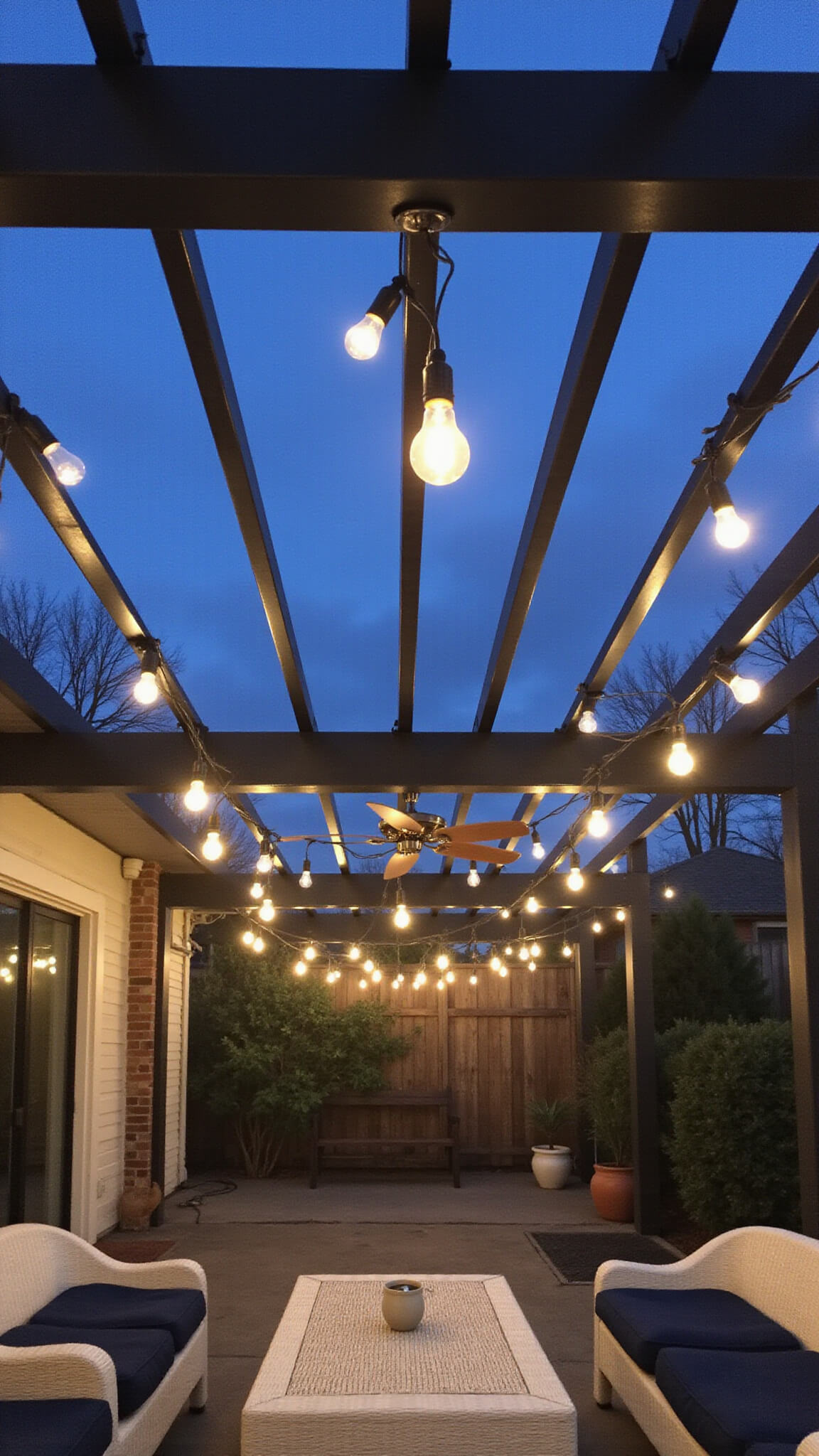 Low-angle shot of a matte black 12x14ft metal awning with Edison string lights, brushed nickel ceiling fan, and white wicker patio furniture with navy cushions against a dusky sky.