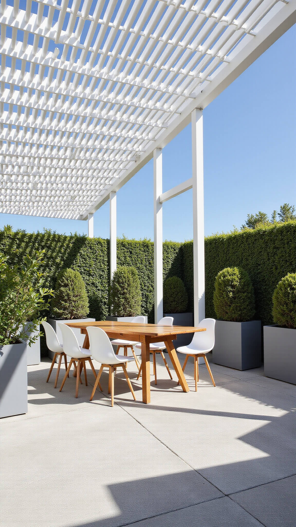 Minimalist white 14x16ft slat pergola with geometric shadows, viewed from below against blue sky, over teak dining set and ghost chairs on grey concrete patio with boxwood planters.
