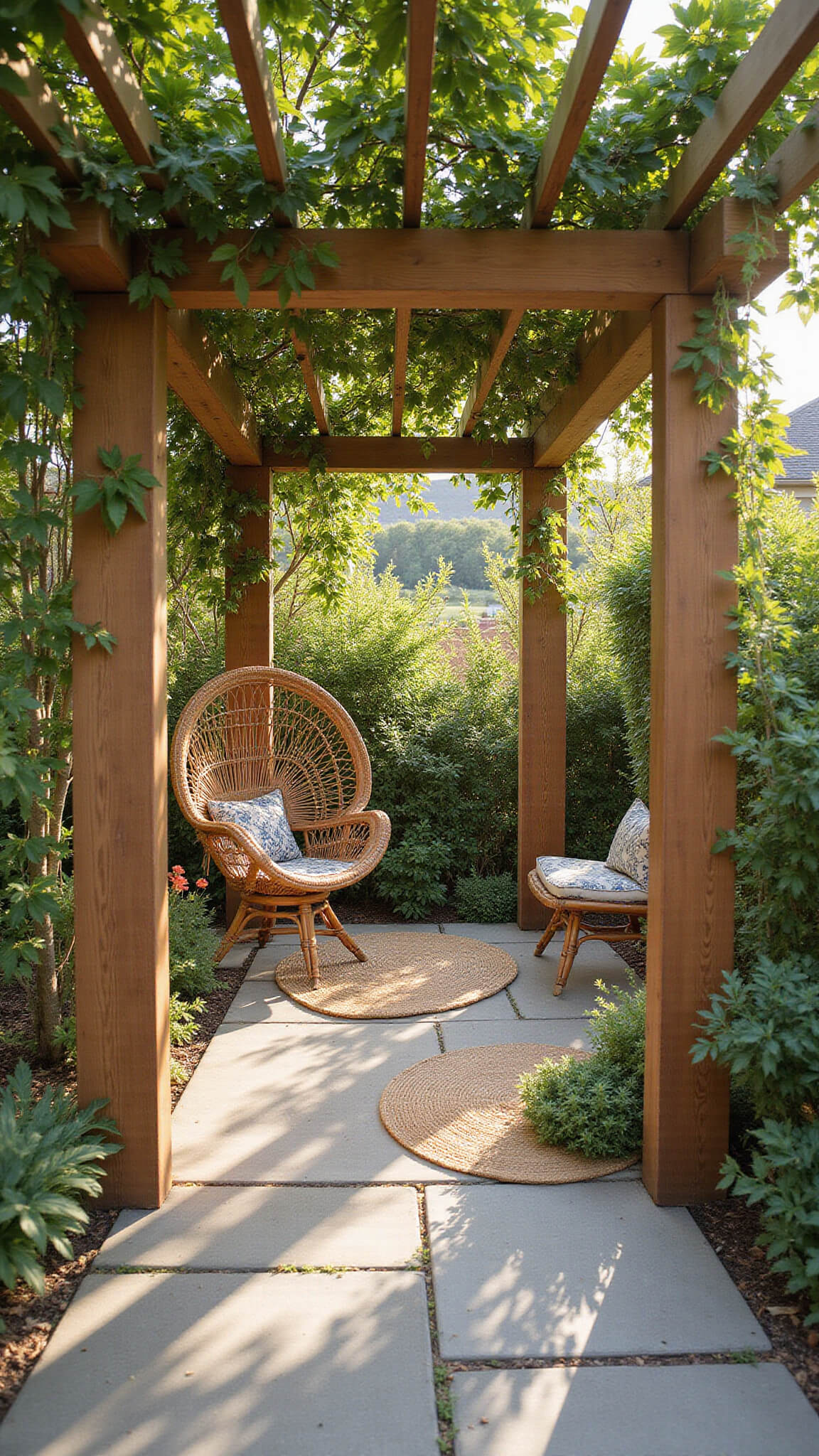 Bohemian patio with cedar lattice cover and jasmine vines casting dappled shadows on stone pavers, featuring a rattan peacock chair and layered jute rugs.