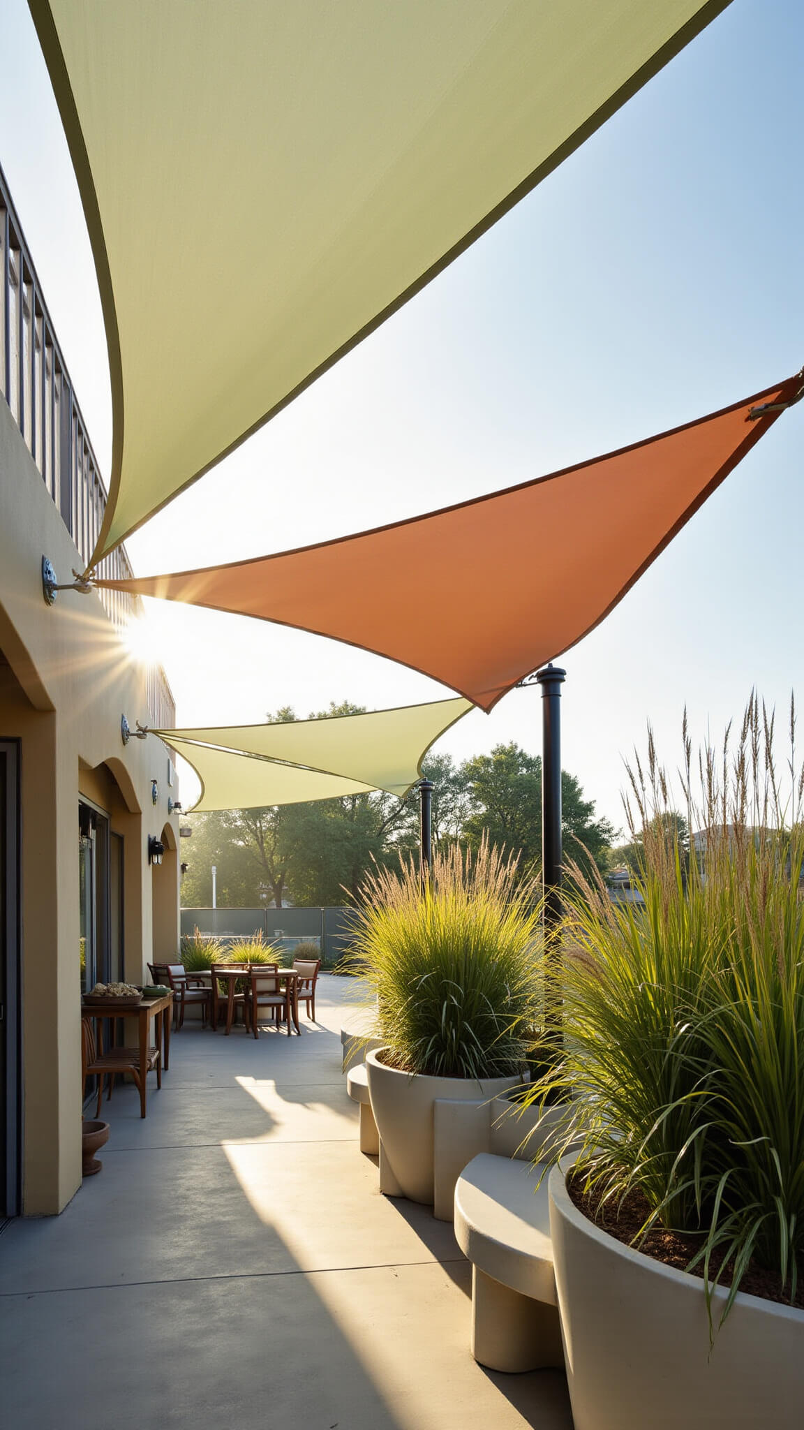 Wide-angle view from below of three overlapping triangular sail shades in white, terra cotta, and sage green casting shadows; modern planters with tall grasses and mixed-metal outdoor furniture enhance industrial outdoor setting.