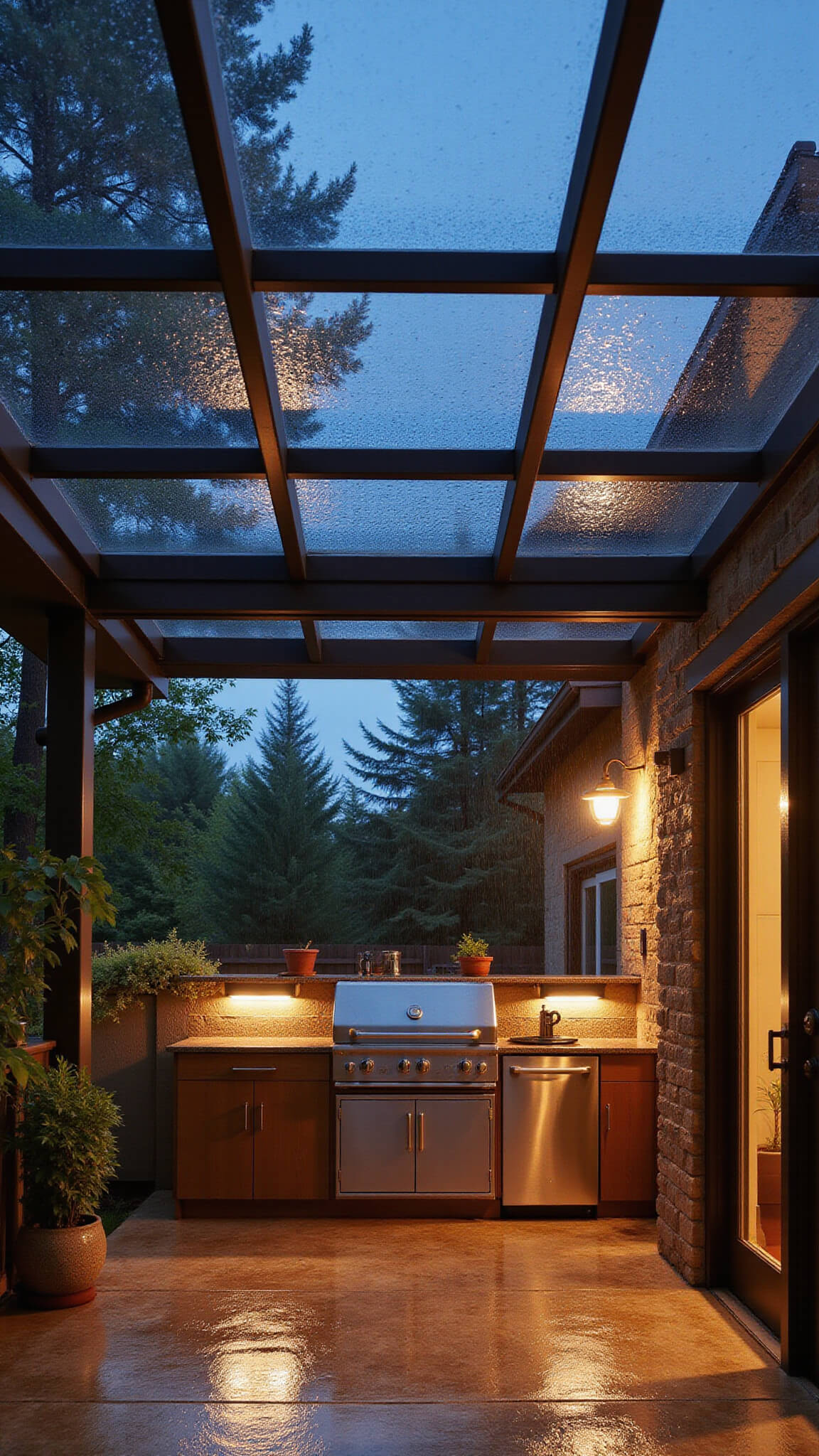 Clear polycarbonate patio cover with rain droplets creating prismatic effects, contemporary outdoor kitchen beneath with stainless steel appliances and warm LED lighting, photographed during blue hour.