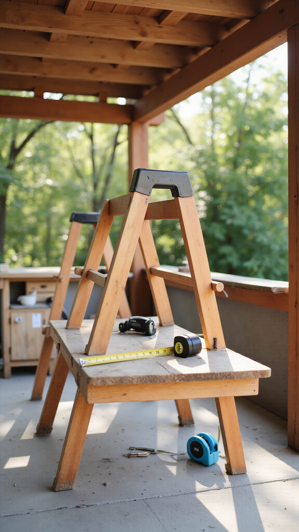 DIY pergola construction with tools on workbench and cedar beams on sawhorses in morning light.