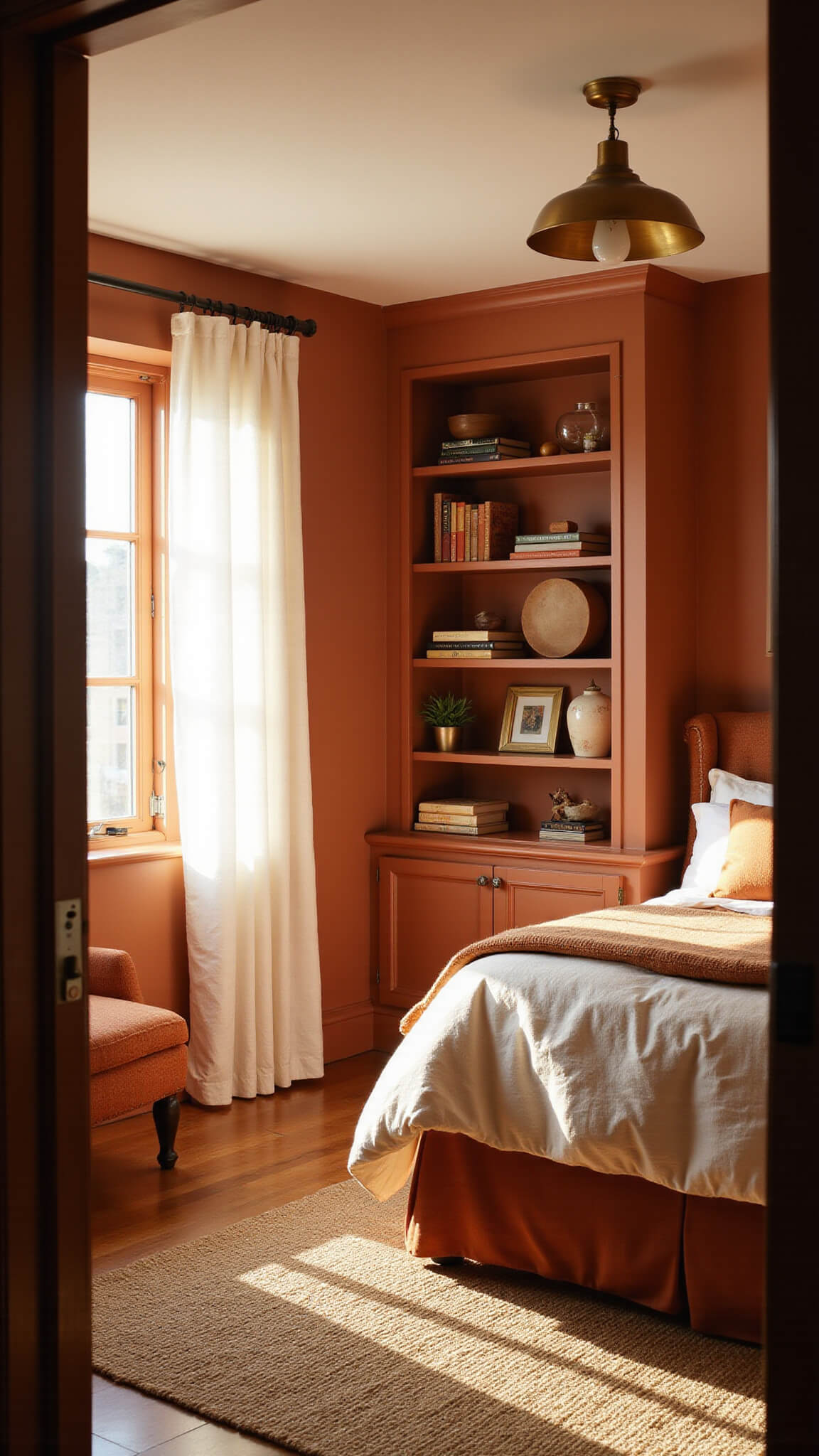 Warm terracotta bedroom at golden hour with sunlight through sheer curtains, layered orange and cream bedding, burnt sienna boucle chair, jute rug, and brass pendant light.