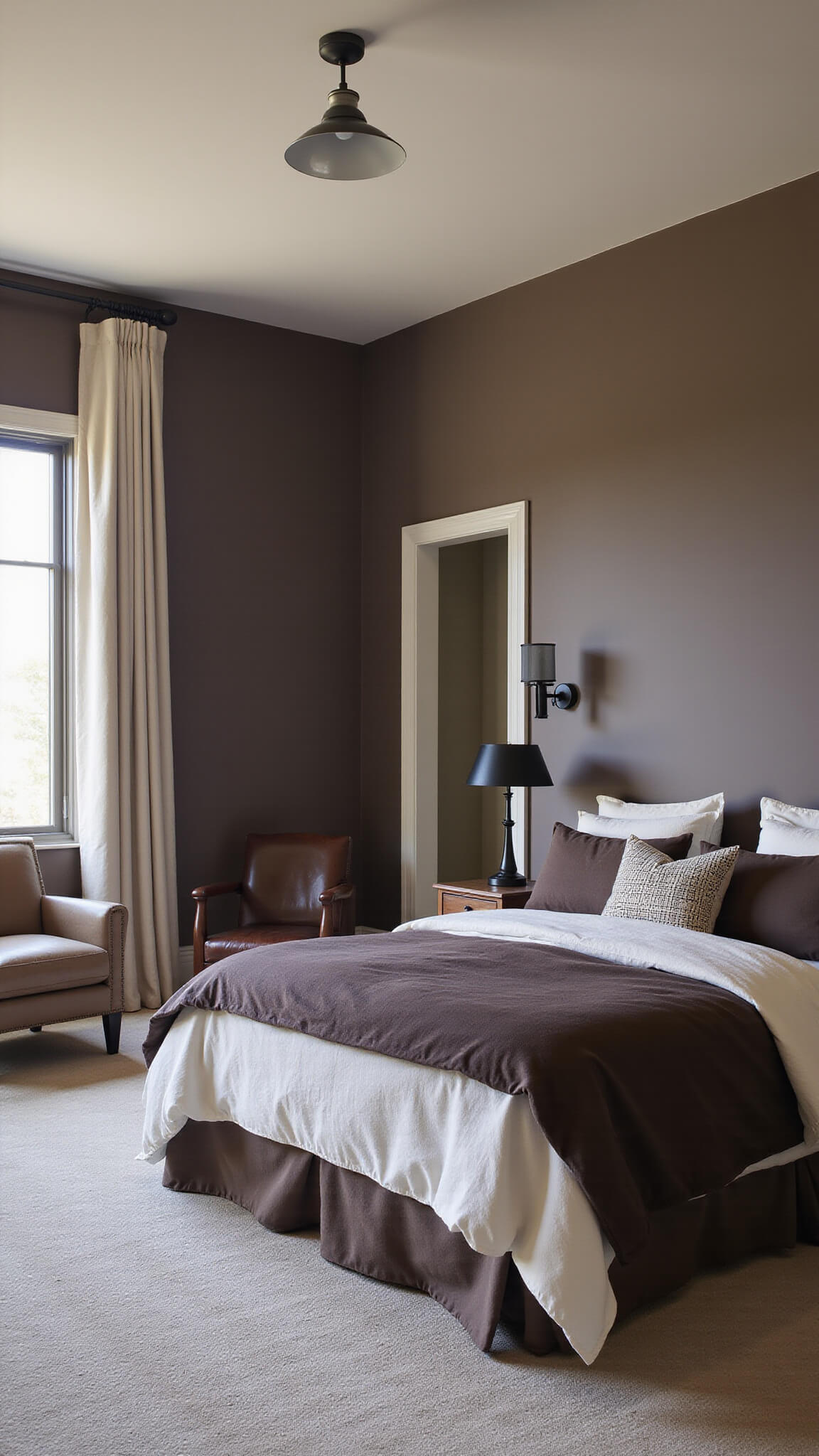 Modern 12x14ft bedroom with high trayered ceiling, chocolate brown walls, California king bed in espresso and cream linen, vintage leather reading chair, matte black sconces, walnut floating nightstands, softly lit with early morning light.