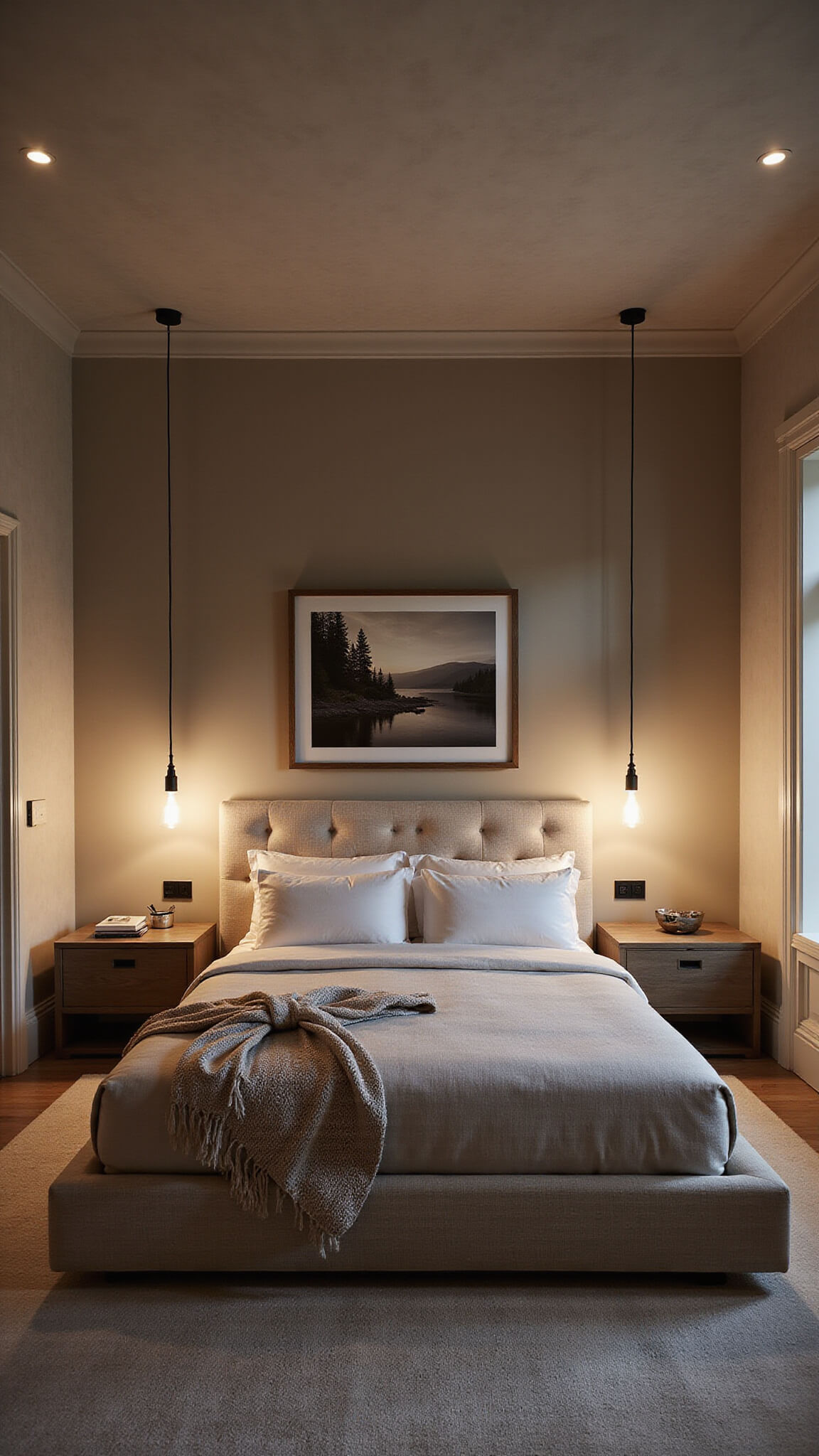 Primary bedroom with warm beige Venetian plaster walls, upholstered bouclé bed, custom nightstands with smart features, and moody dusk lighting viewed from above.