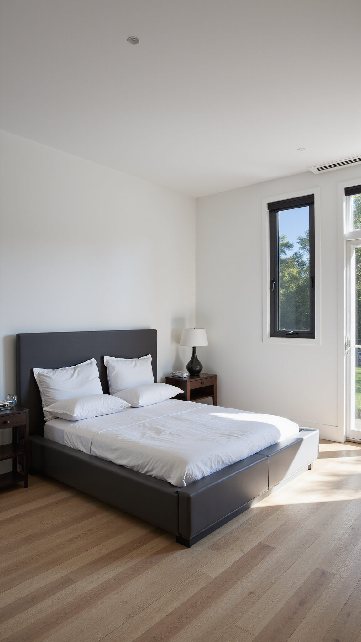 Contemporary minimalist 15x15ft bedroom with platform bed, engineered white oak flooring, and voice-controlled blackout shades, captured symmetrically in soft mid-morning light.