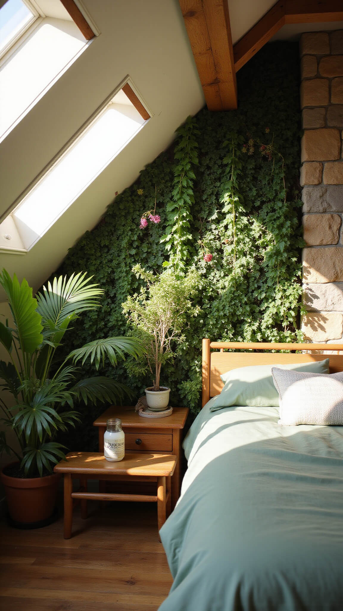 Biophilic 13x15ft bedroom with afternoon sunlight through skylights, living wall of trailing plants, reclaimed wood beam ceiling, stone accent wall, sage green organic bedding, and dramatic directional lighting.