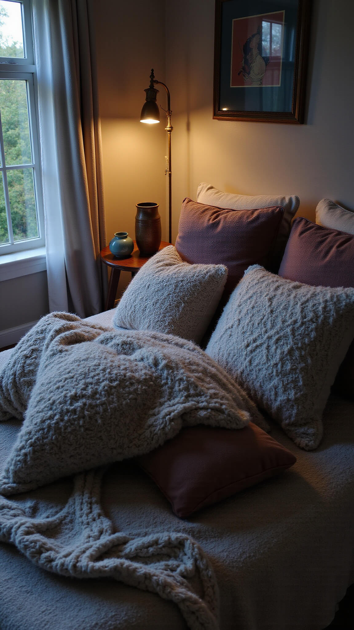 Close-up of a cozy 12x14ft bedroom corner at blue hour, featuring chunky knit throws, velvet pillows, wool carpet, a vintage brass floor lamp, and handcrafted ceramic vessels in soft twilight lighting.
