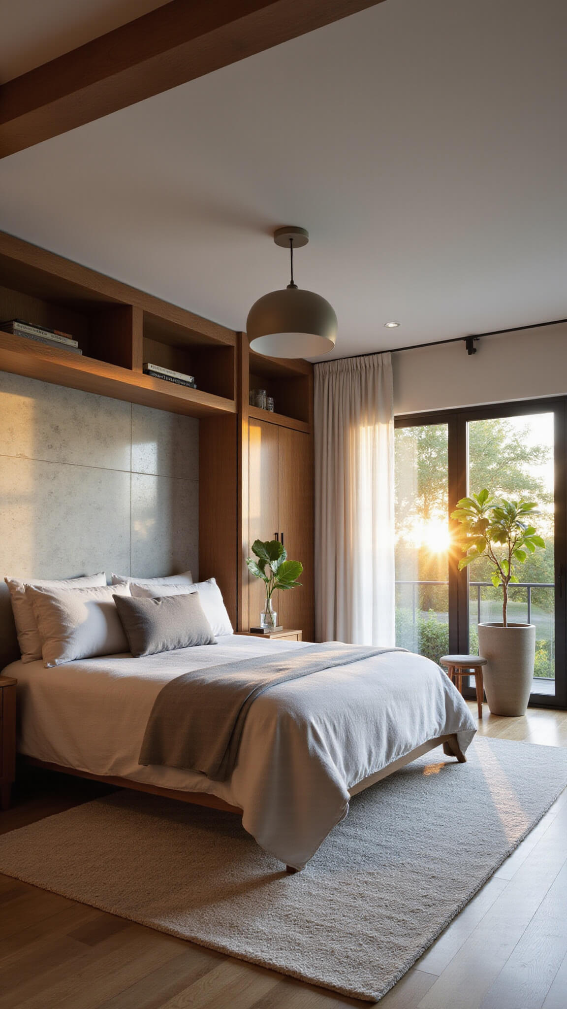 Modern organic 14x16ft bedroom at sunrise with raw limestone feature wall, custom white oak built-ins, monochromatic natural linen bedding, oversized ceramic pendant, and fiddle leaf fig trees by sheer-draped windows, captured from low angle with golden hour lighting.