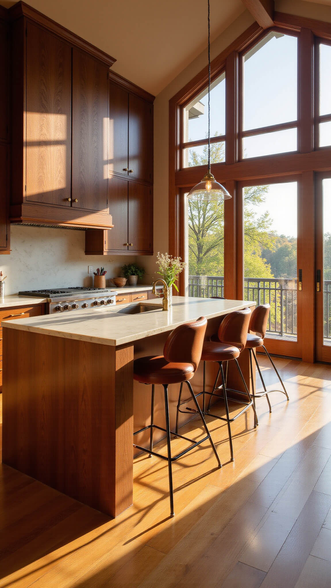 Warm, sunlit kitchen with walnut cabinets, oak island with marble countertop, cognac leather stools, and honey-toned hardwood floors.
