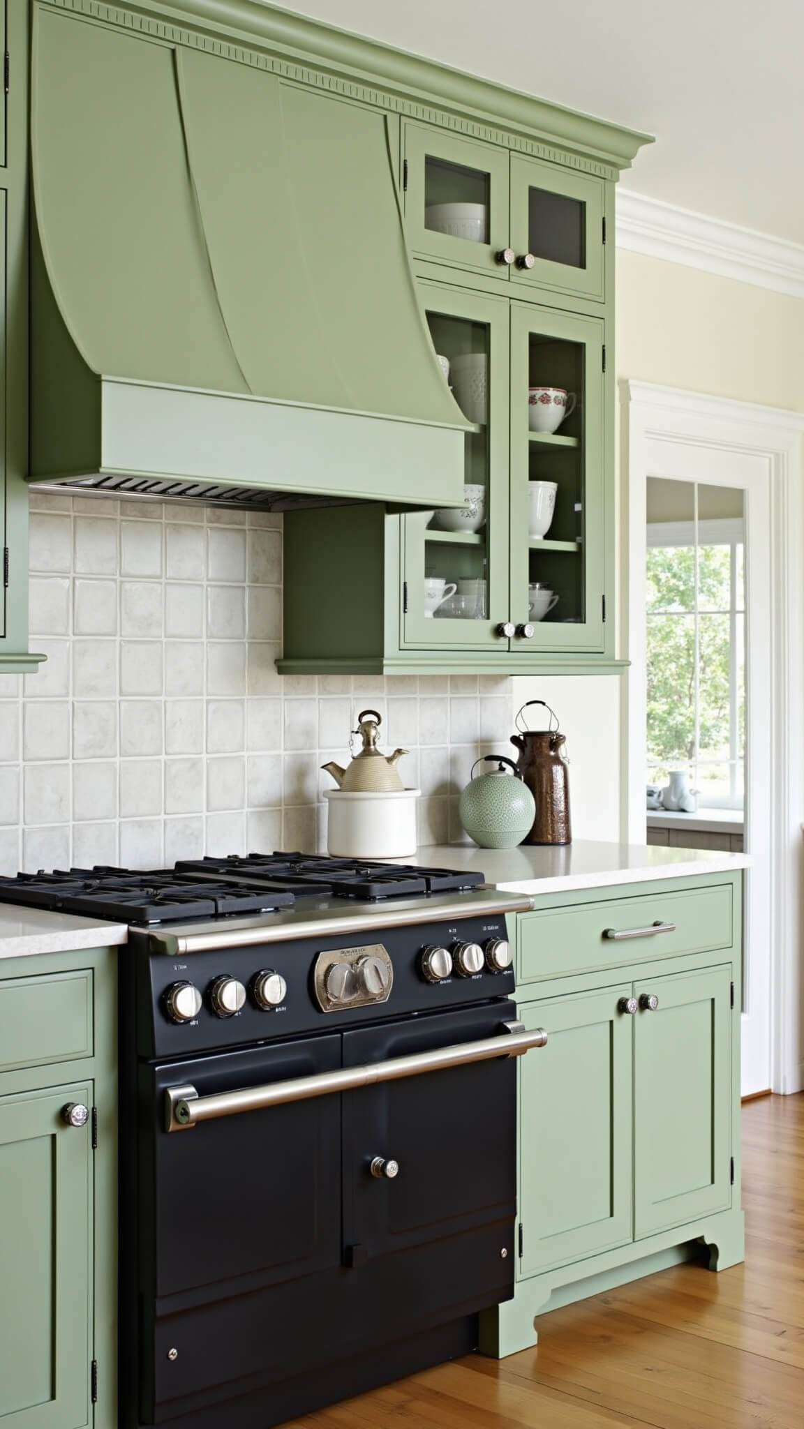 Traditional-modern kitchen with sage green cabinets, vintage pottery, black La Cornue range, and handmade tile backsplash in soft morning light.